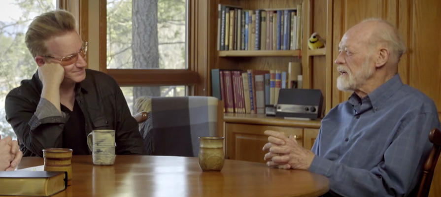 Bono and Eugene at Eugene's home on Flathead Lake, MT. Frame courtesy Fuller Studios.