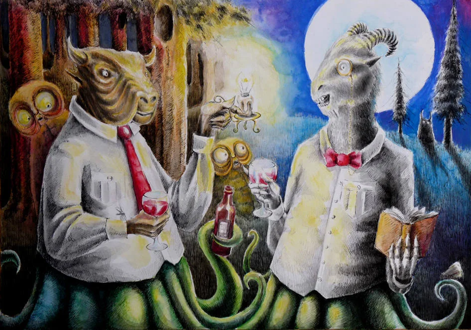 Red wine and passionate discussions, 2010, ink and watercolour pencils on paper, size A2