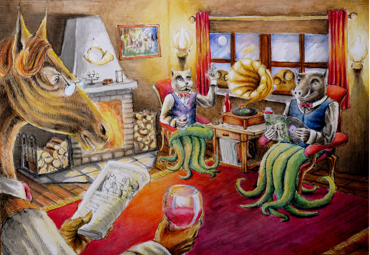Three music enthusiasts, 2011, ink & watercolour pencils on paper, size A2
