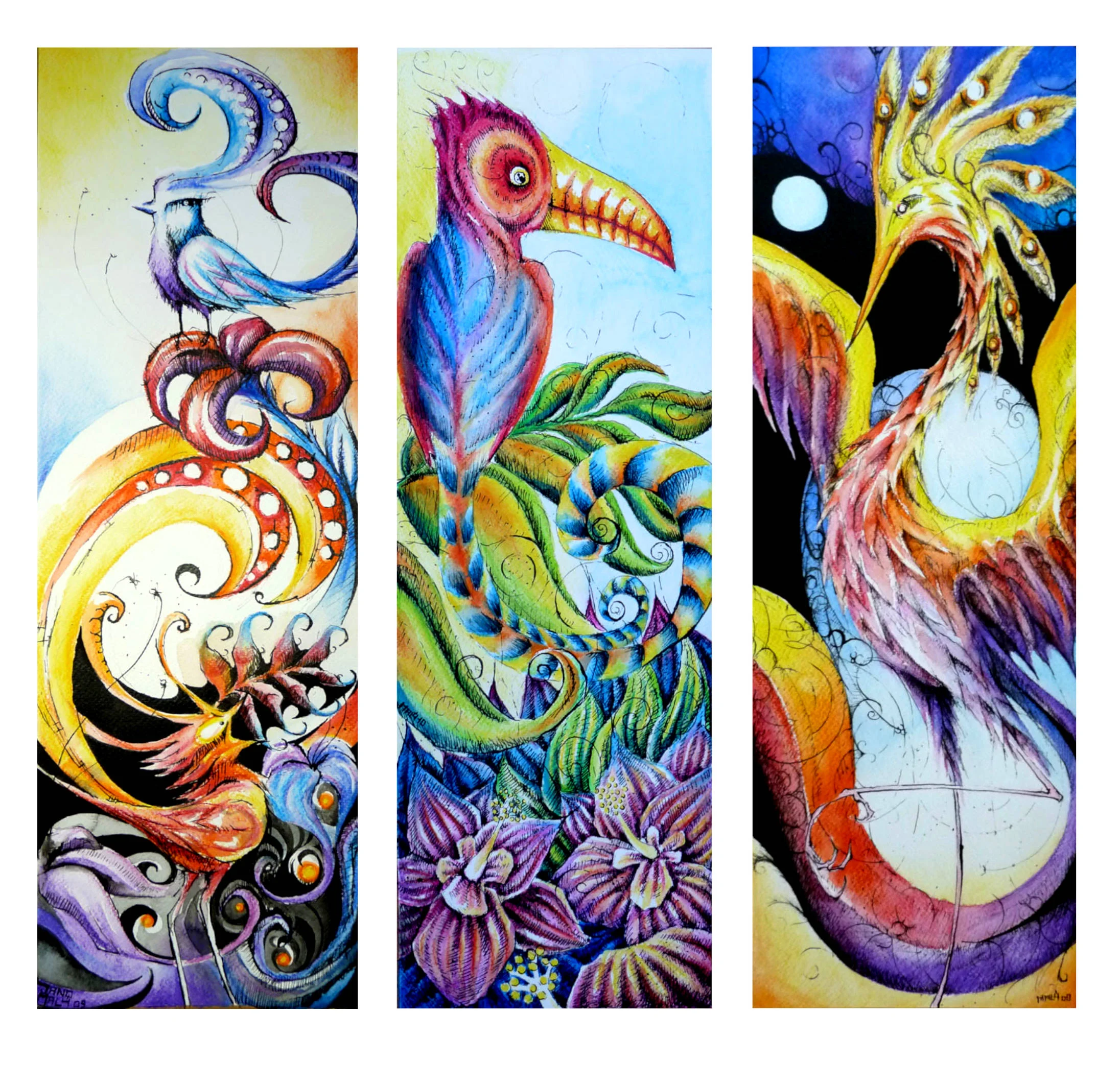 “Birds” series from 2019. From left: Red &blue, Green & purple, Blue and yellow. Ink & watercolour pencils, size 20 x 60cm on paper.