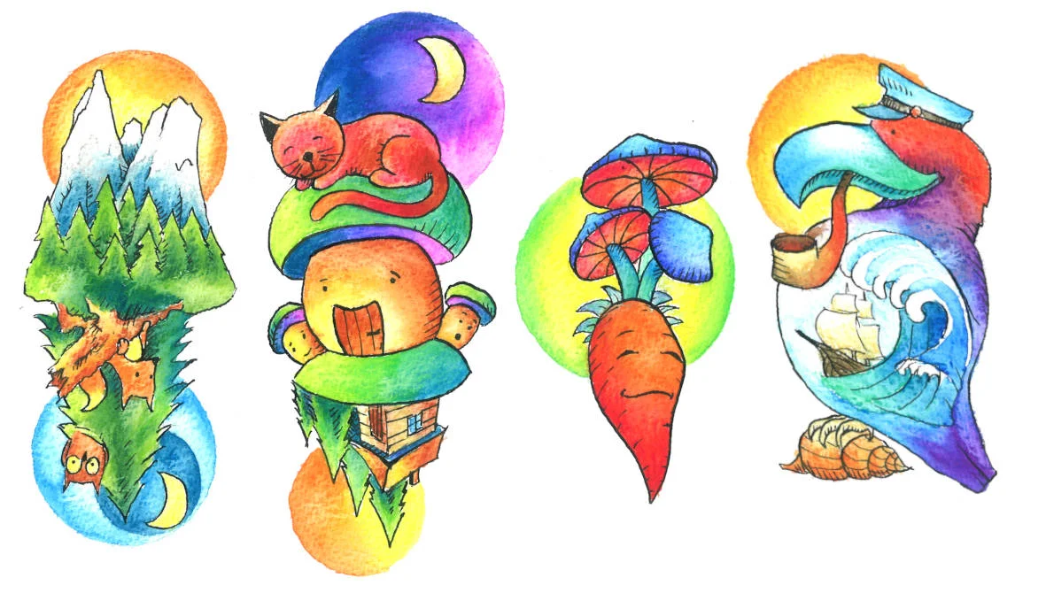 Tattoo design sheet, 2017, ink & watercolour pencils