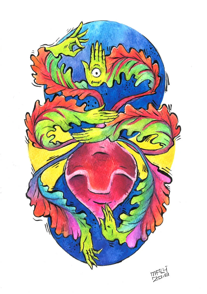Beetrooted in a present moment, 2018, Ink & watercolour pencils on paper, size A4