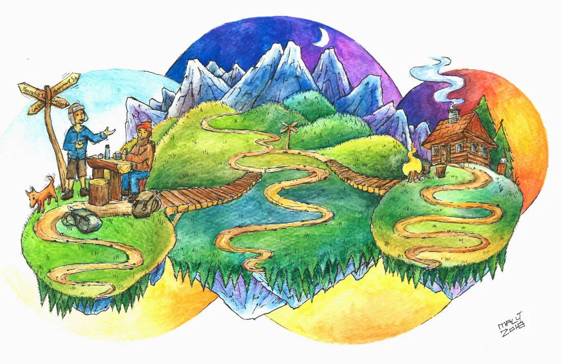“Under the hills”,2018, pen & watercolour pencils on paper, A4