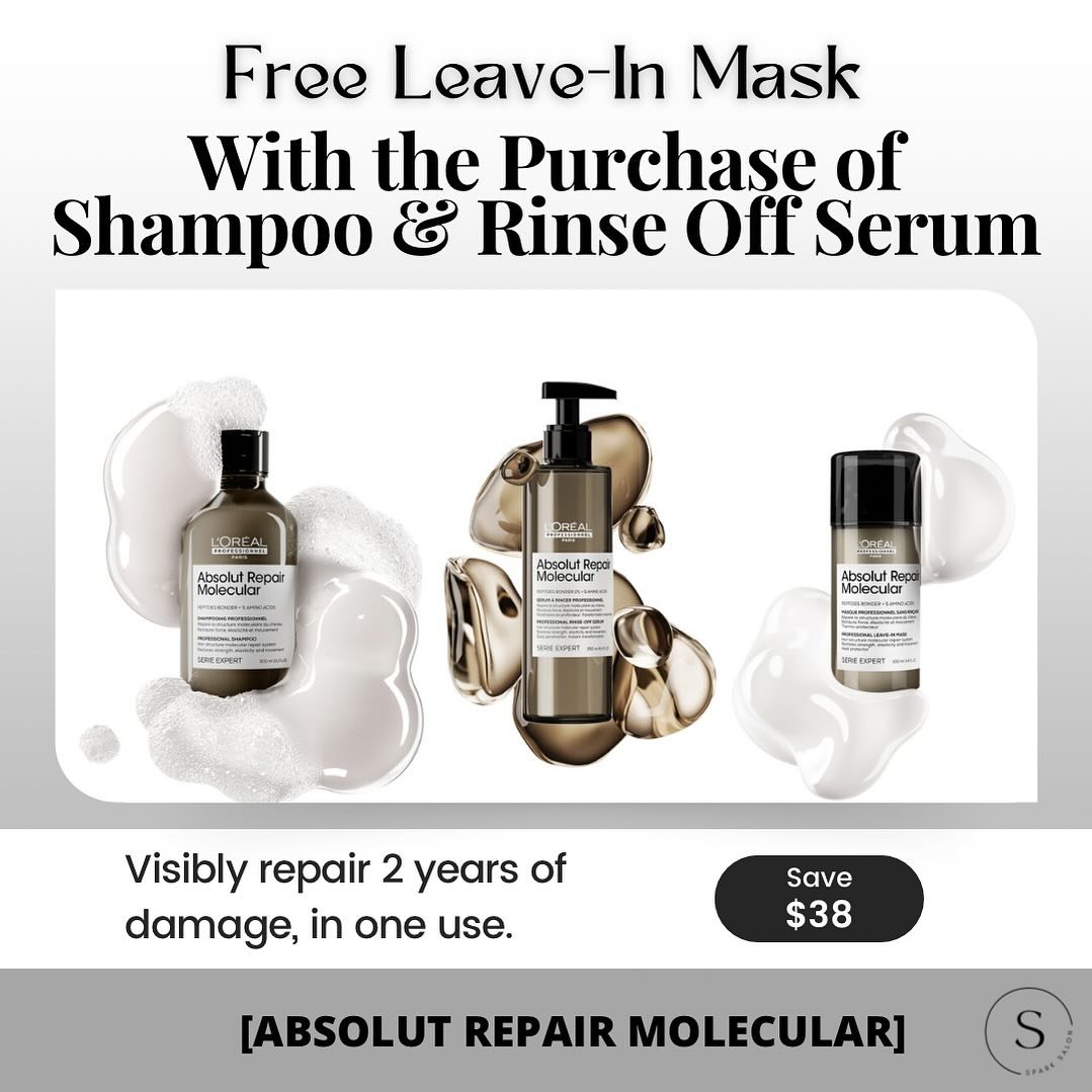 We love @lorealpro Absolut Repair Molecular! Visibly repair 2 years of damage in just one use&hellip; Free Leave-In Mask with the purchase of Shampoo &amp; Rinse Off Serum. 

We are also offering the salon exclusive treatment for only $25 for a limit