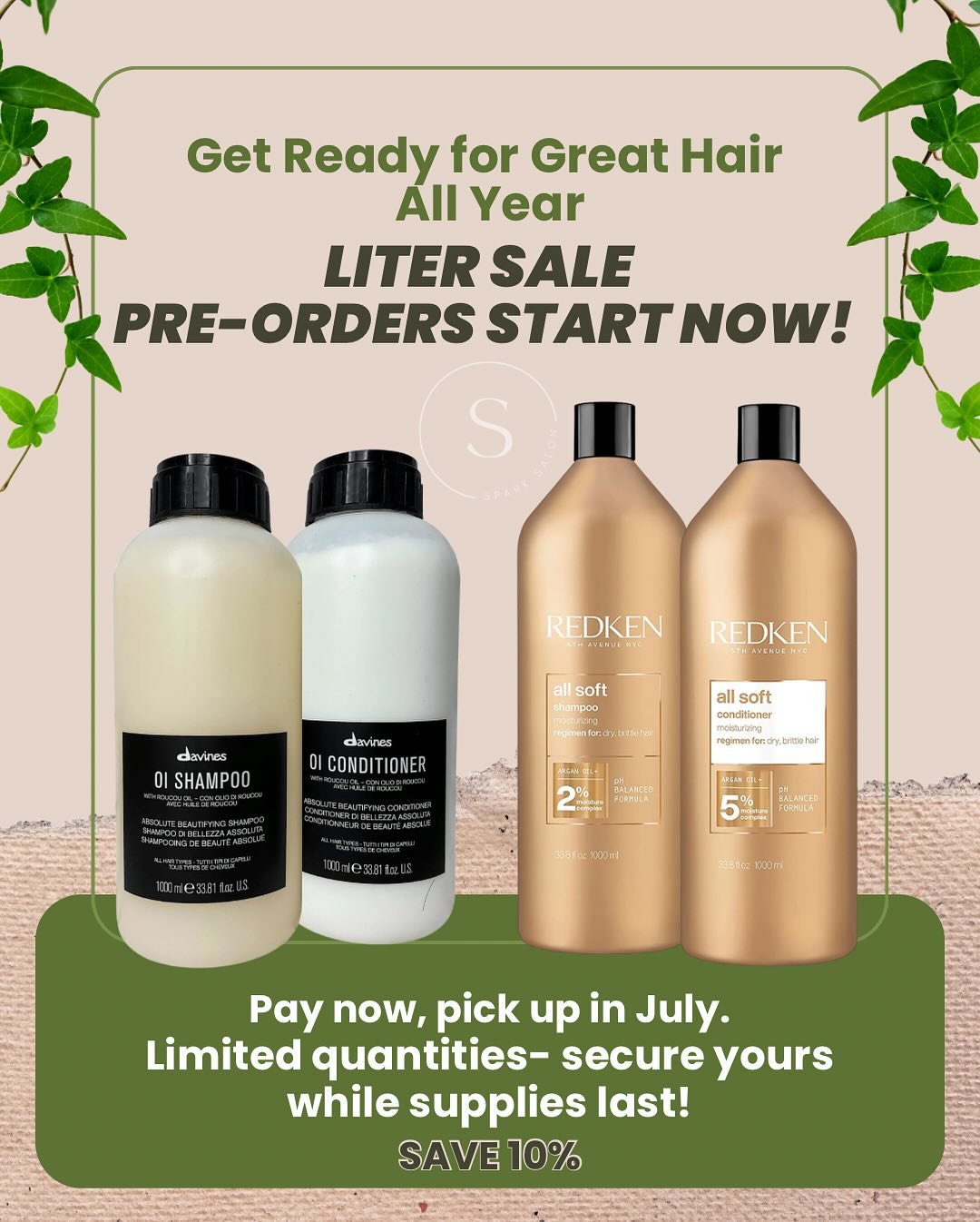 🎉 The Spark Liter Sale is Here!

For a limited time, you can pre-order liters of your favorite shampoos and conditioners from Davines and Redken- and save while doing it!

✨ These salon-size products are perfect for long-lasting luxury at home.
💸 P