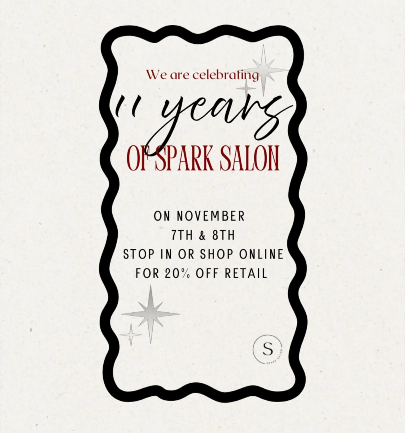 🤍11 years of SPARK 🤍
We&rsquo;re celebrating over a decade of incredible clients, creativity, and community! Stop in or shop online November 7th&ndash;8th to enjoy 20% off retail &mdash; our way of saying thank you for all the love and support over