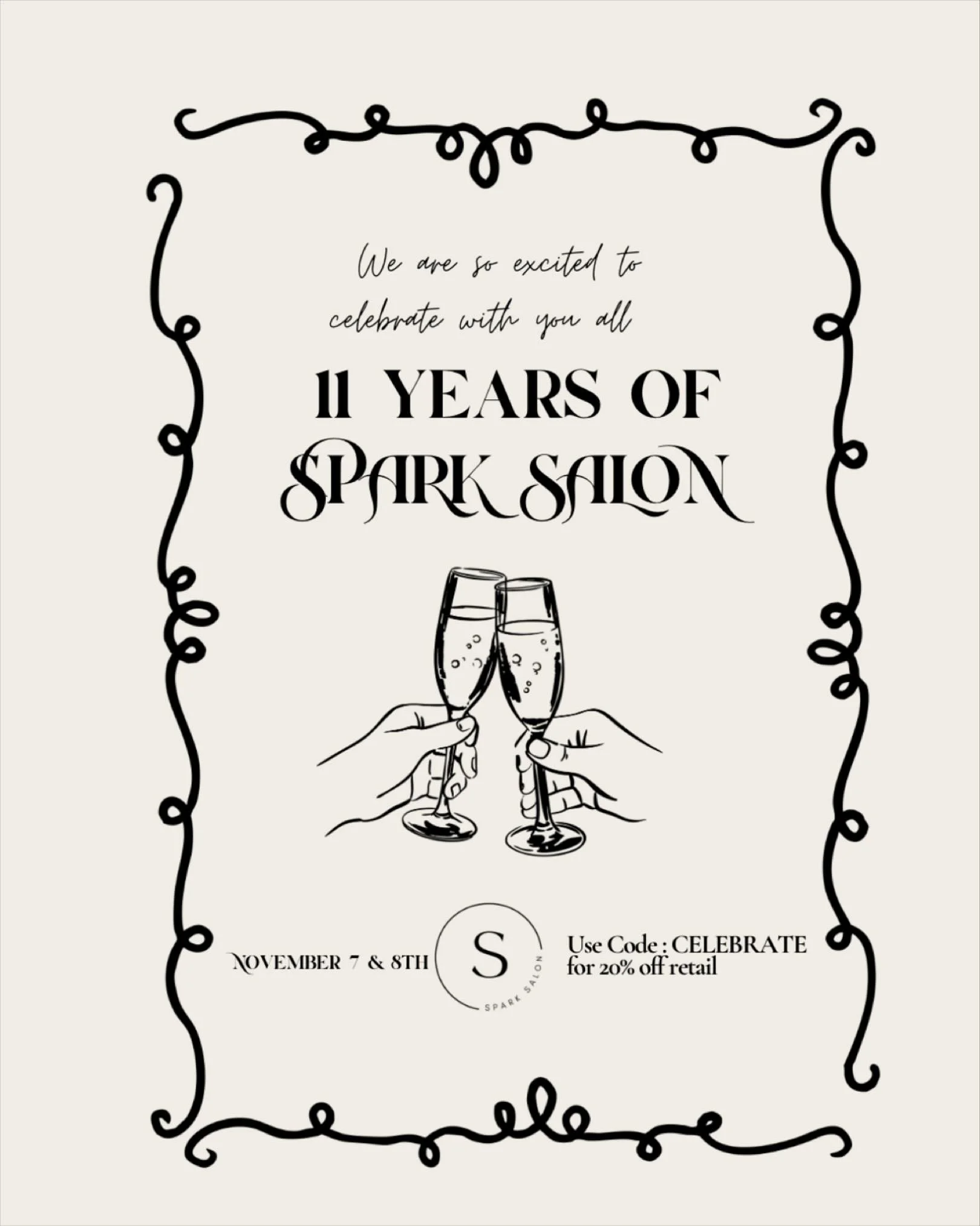 We&rsquo;re turning 11 &mdash; and still bringing the spark! ✨
Join the celebration Nov 7&ndash;8 + take 20% off all retail (in-salon or online). 
Cheers to 11 years of amazing clients + even better hair days! 🥂
#SparkSalonTurns11 #HairGoals #MapleG