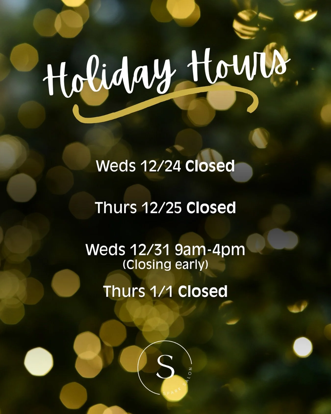 As 2025 comes to a close, we want to thank our wonderful guests for another great year. Thank you for trusting us with your hair, sharing your important life events, and being a part of what makes Spark Salon so magical. 

Wishing you all a joyful ho
