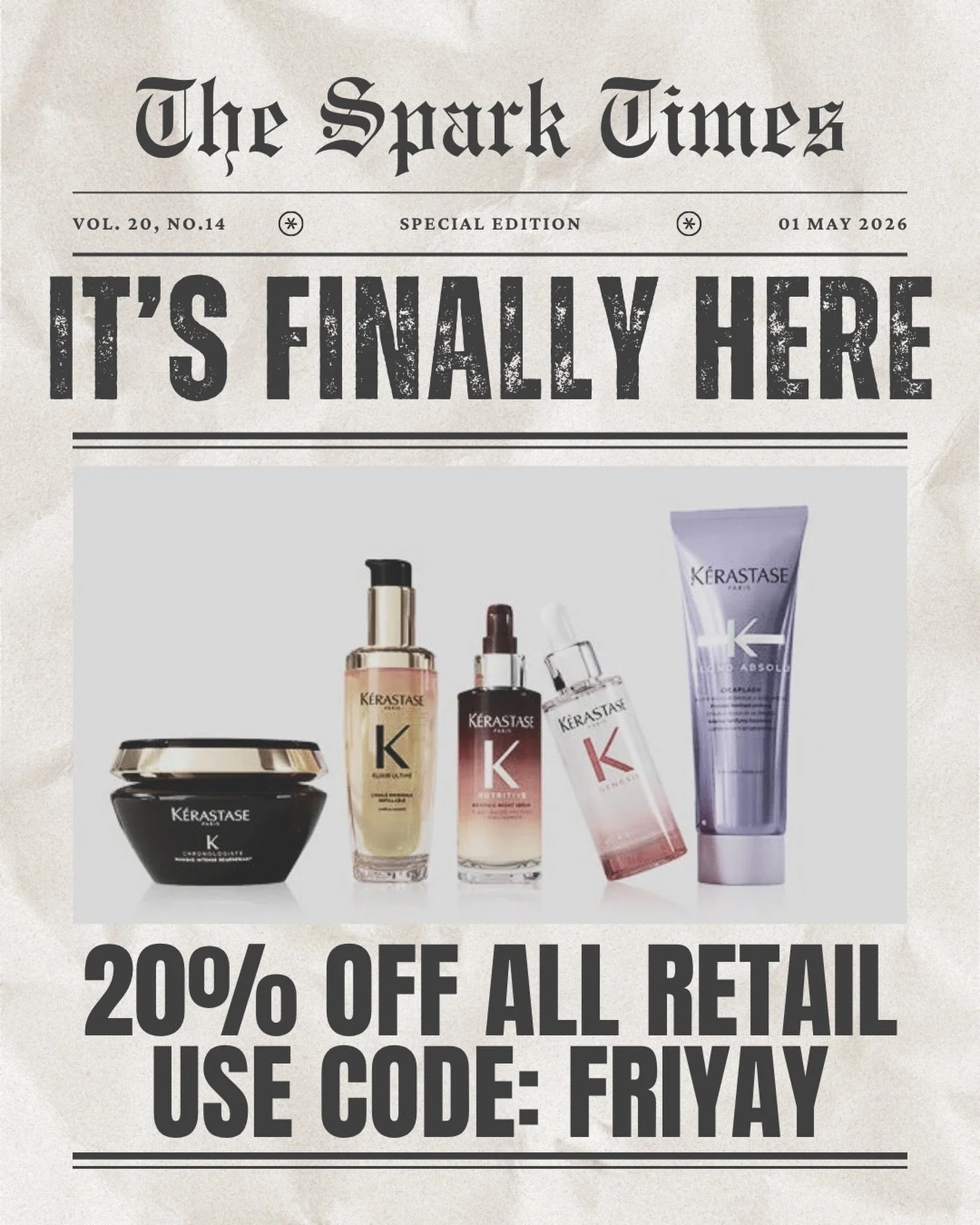 Extra, extra!&hellip; Extra 20% off your favorites from @colorwowhair @kerastase_official @davinesofficial @redken &amp; @lorealpro at Spark Salon? Done. 

Stop by or shop online &amp; use code FRIYAY to save! 

#friyay #itsgonnabemay #maplegrove #ma