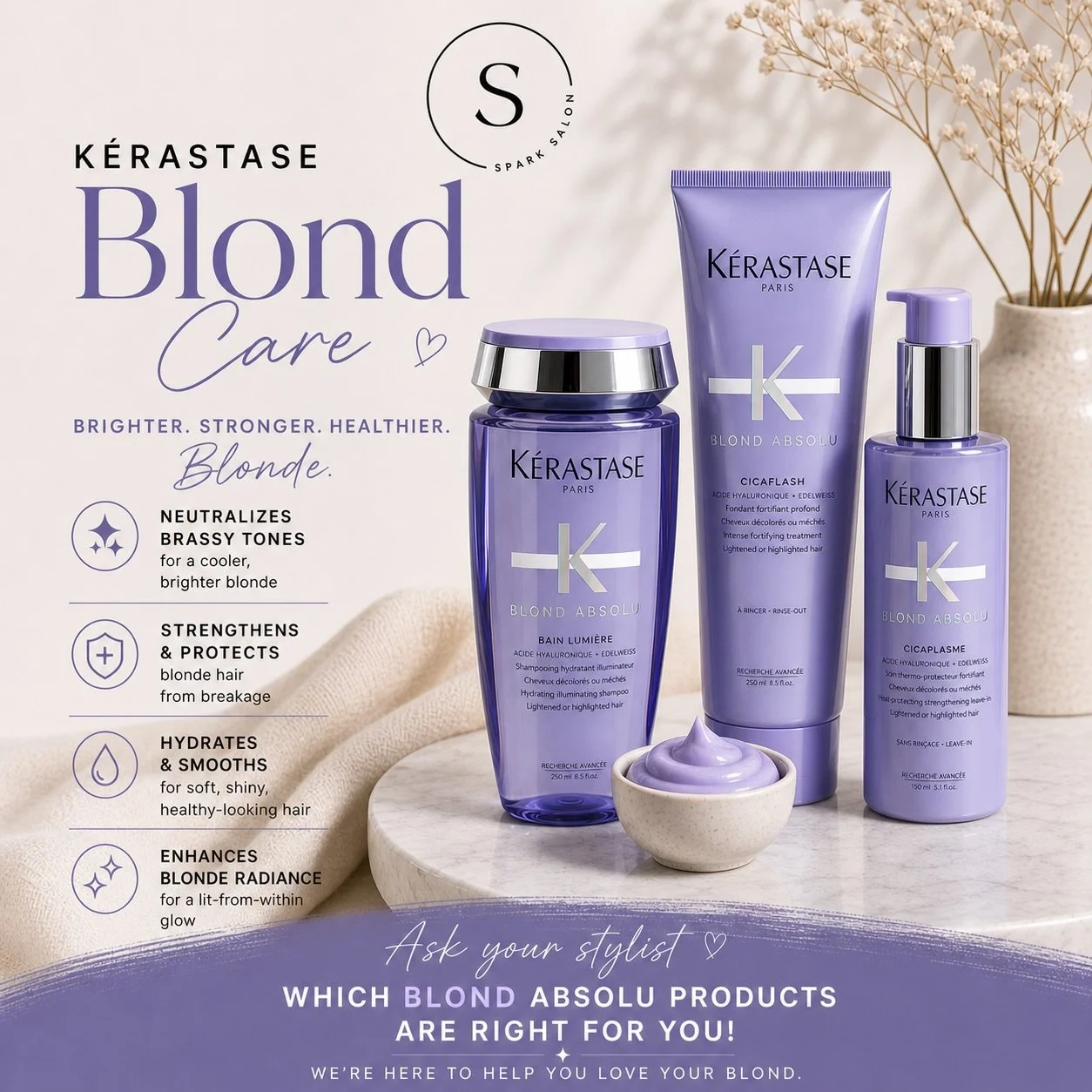 Today&rsquo;s blonde favorite: K&eacute;rastase Blond Absolu 

Designed to help keep blonde hair bright, hydrated, and healthy between visits ☀️

Get yours at Spark Salon. Shop in store or online www.sparksalonstyle.com/shop 

Because beautiful blond