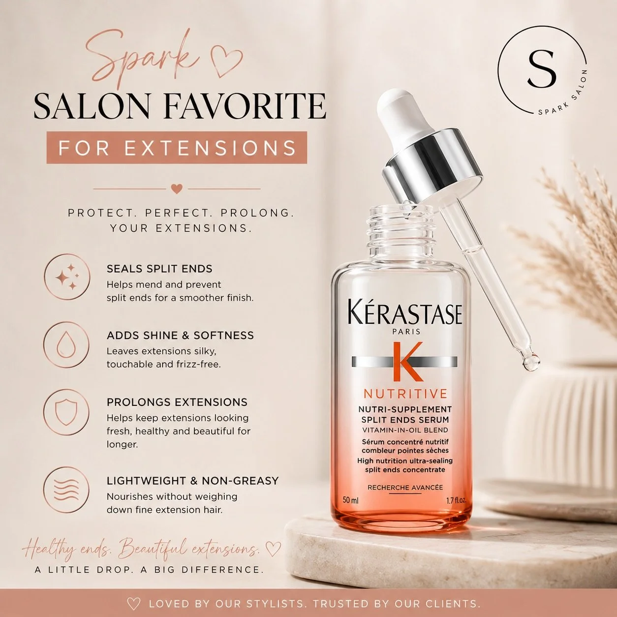 Healthy extension hair starts at the ends 

Our current extension obsession? K&eacute;rastase Split End Serum 

✔️ Helps seal split ends
✔️ Adds softness + shine
✔️ Lightweight + non-greasy
✔️ Keeps extensions looking healthier longer

A little drop 