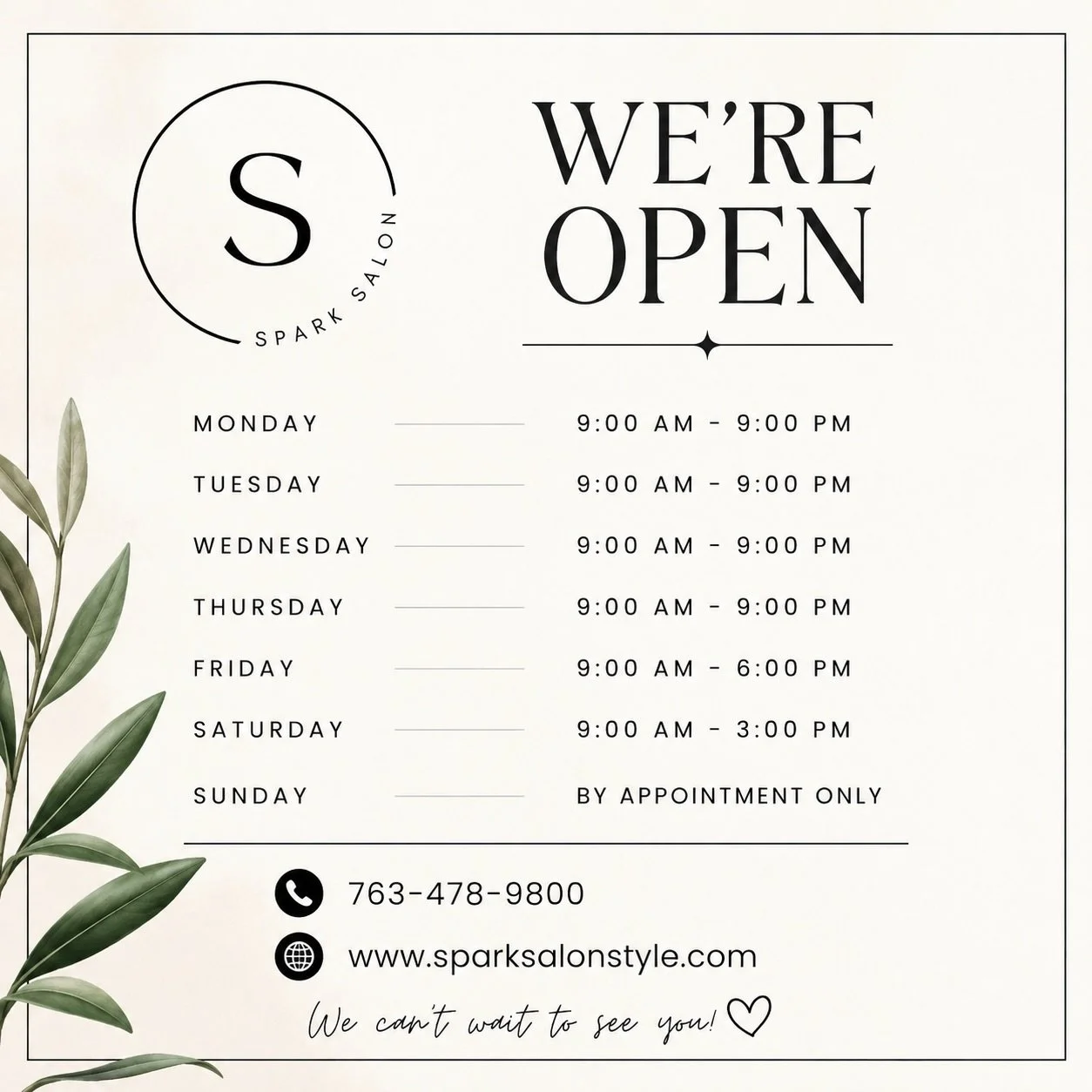 Did you know we&rsquo;re open 7 days a week? 

Whether you&rsquo;re looking for an evening appointment during the week or a weekend refresh, we&rsquo;re here for you!

📞 Call us at 763-478-9800
💻 Book online anytime at sparksalonstyle.com

We can&r