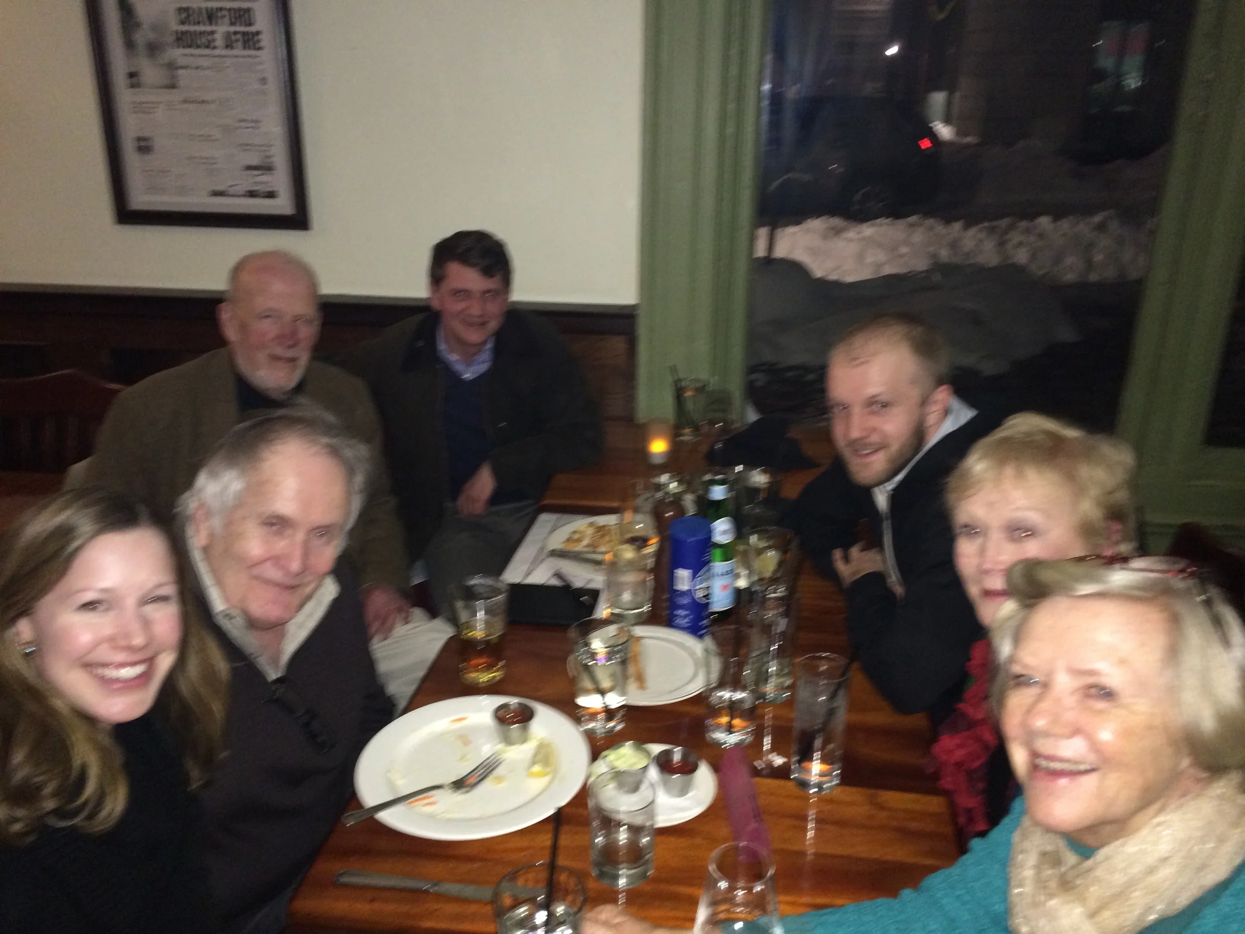 Dinner after the Common Threads event, clockwise from left: Laurin Macios, Fred Marchant, David Ferry, Joseph Hollow, Mitch Manning, Alice Kociemba, Jacquelyn Malone