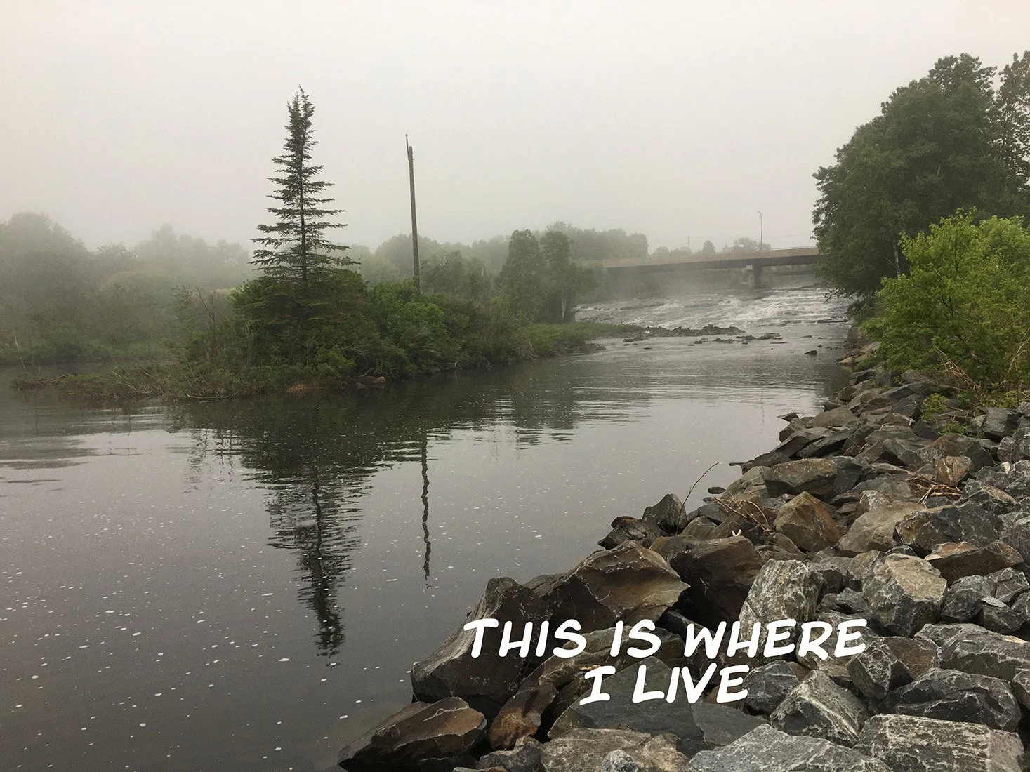 Foggy image of rocks, trees reflected in the water and the outflow of the Current River, in Thunder Bay. There are words - this is where I live.