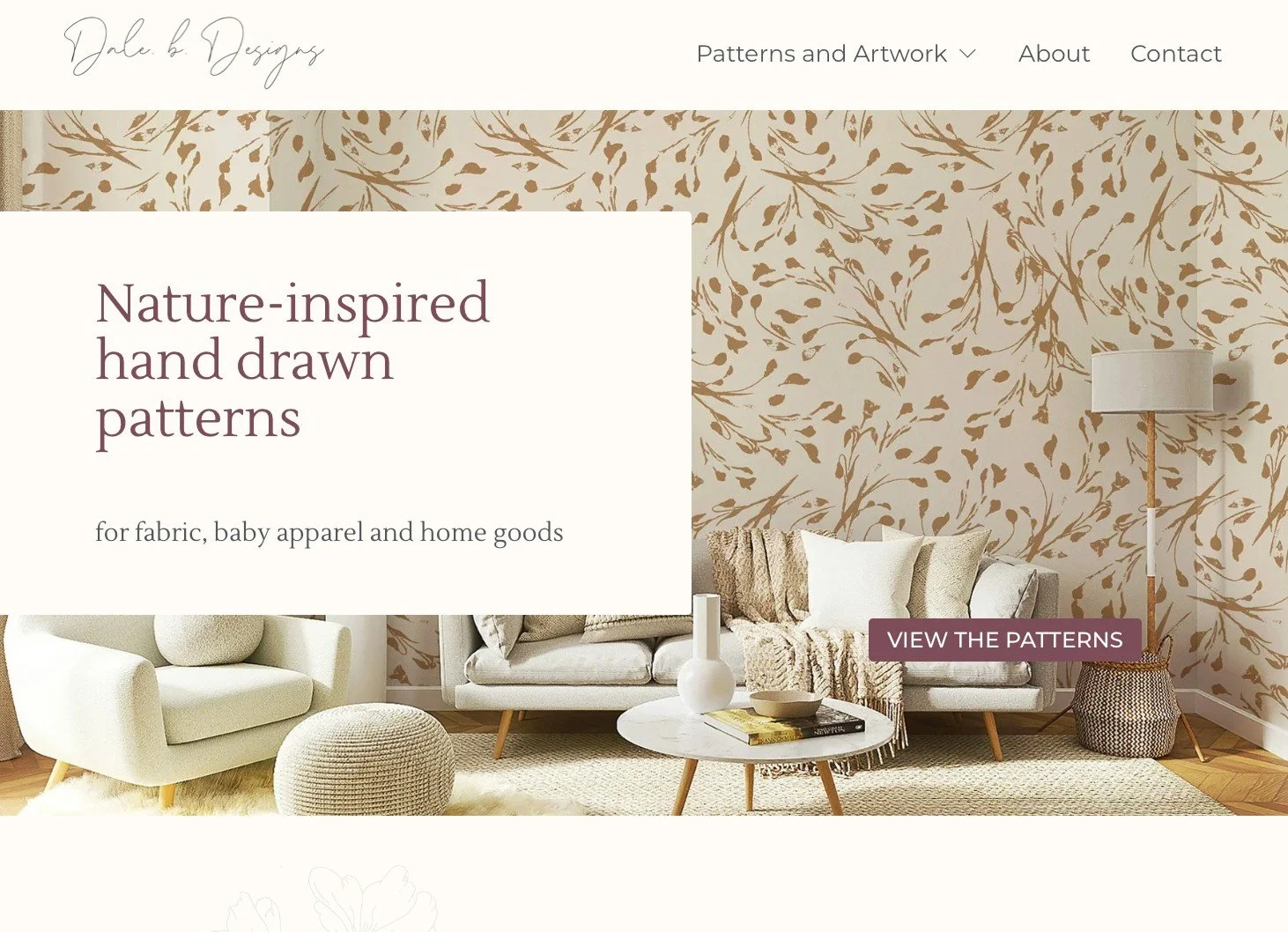 Screenshot of homepage hero image from Dale B Designs website with text "Nature-inspired hand drawn patterns for fabric, baby apparel and home goods" on it.