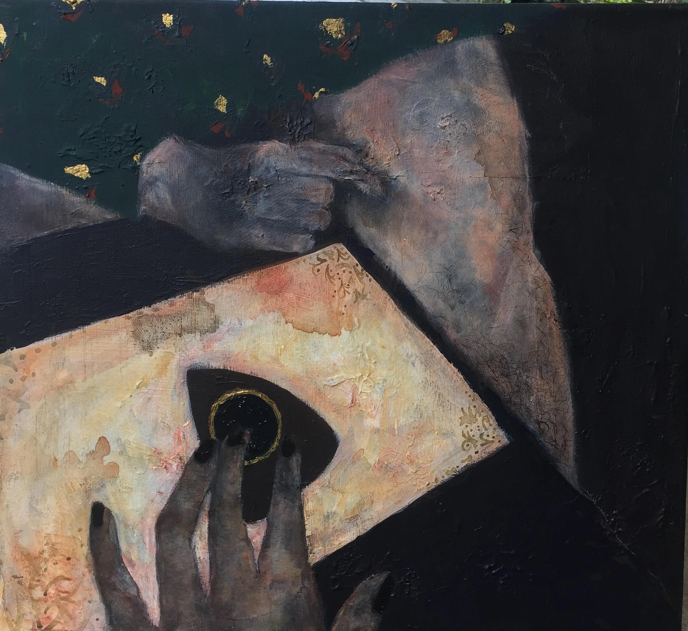 <i>ouiji</i>, (2015)<br>acrylic paint, hair, and gouache on canvas 30"x30"