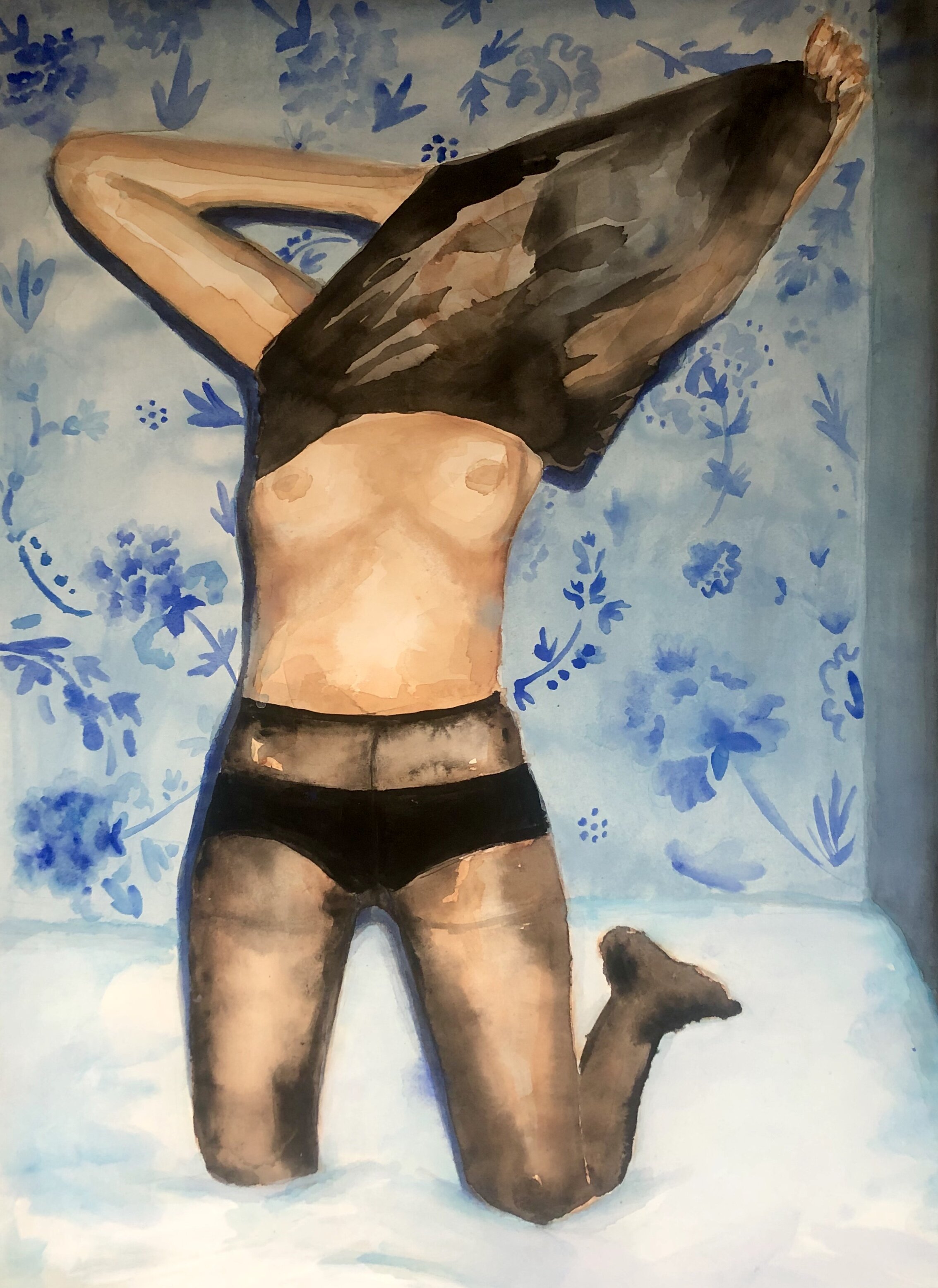 peeling off layers in the blue room 2019 18”x24”, watercolor and tempera on paper