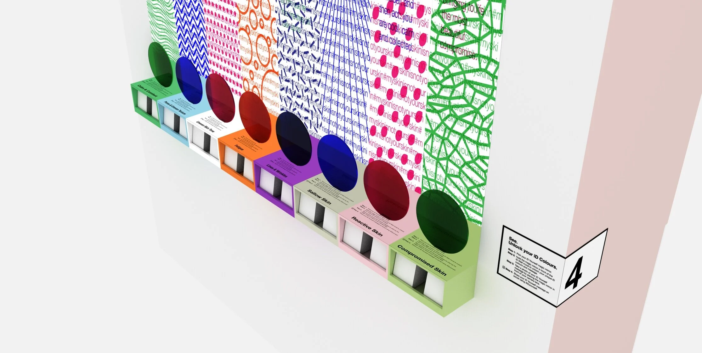 Color acrylic "mirrors" that reveal hidden messages on the wall.