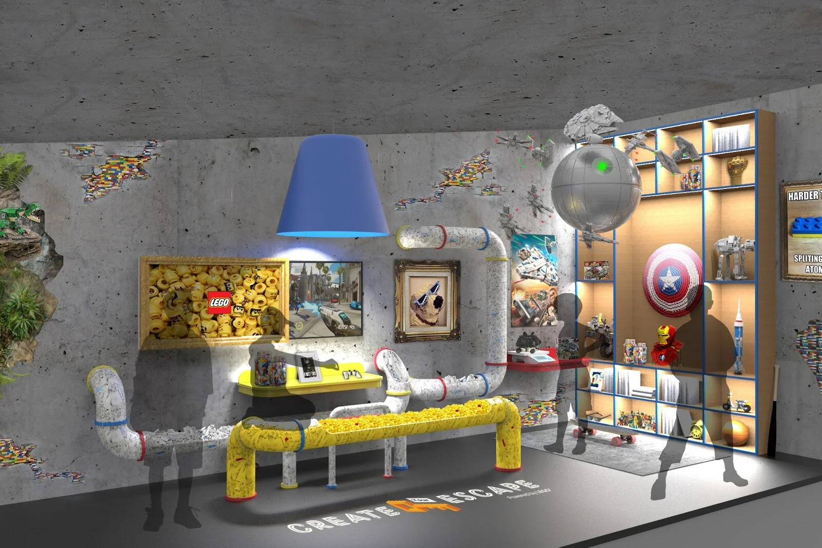 Journey: 3A. A series of challenges are given and are based on familiar Gen Z references of memes / Star Wars / games. All problems can only be solved by using LEGO blocks. (Interior design / rendering by Amand Barton)