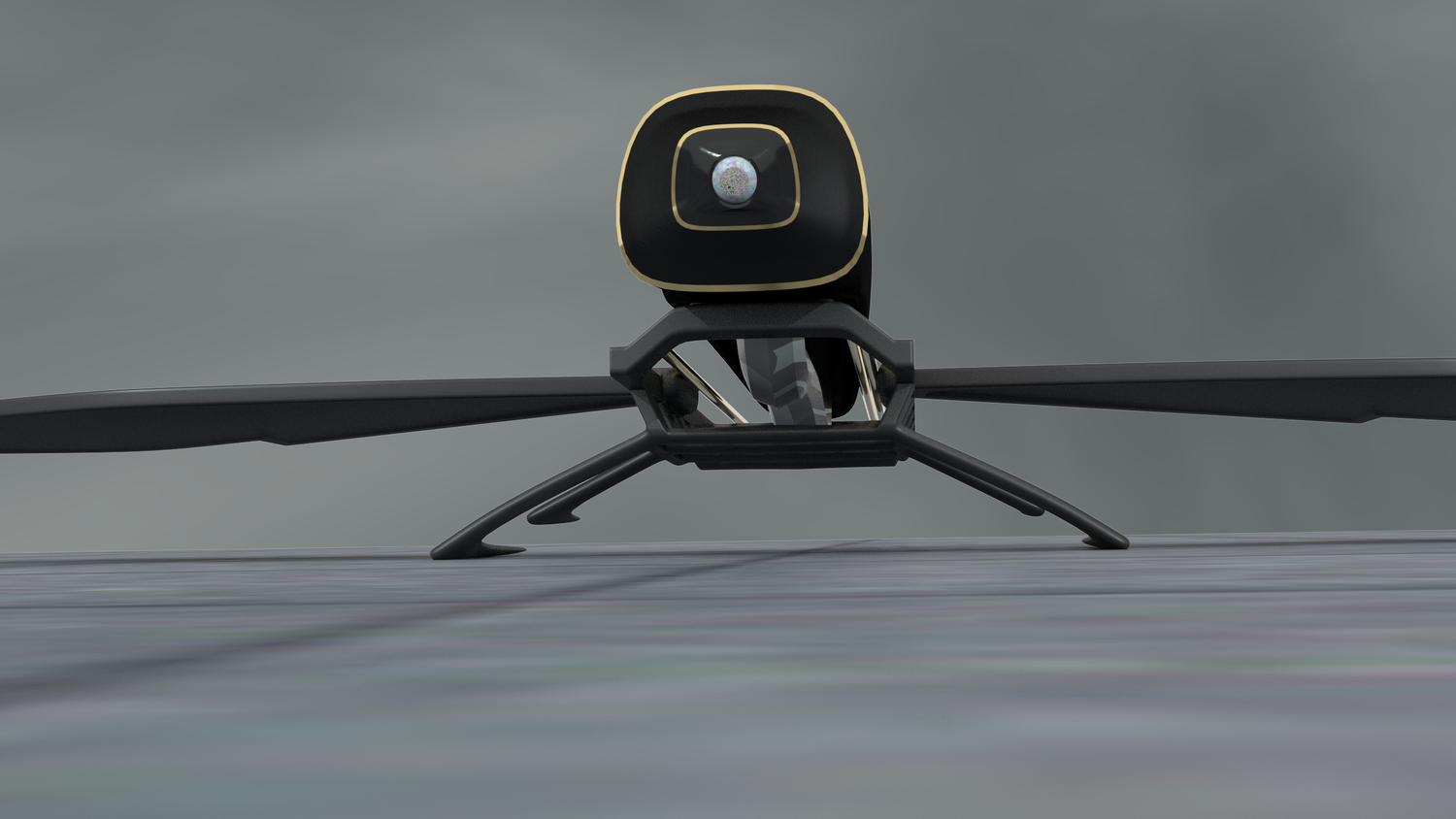 The materials used are just minor tweaks of default materials provided within Modo. Rubber and gold received the most usage, and a colorful static texture was applied to the "eye" sphere to give the impression of a CRT.