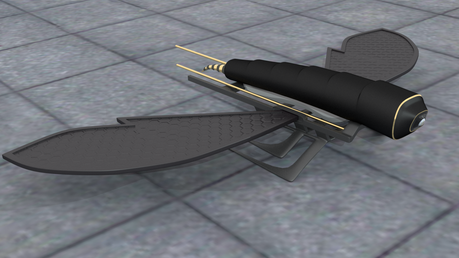 The body and legs are simple cubes and spheres with creatively applied edge loops to get their beveled shape. The wings were drawn free-hand with a pen tool to place vertices along the desired outline. The resulting shape was first extruded for thickness, and then offset to create the indentation.