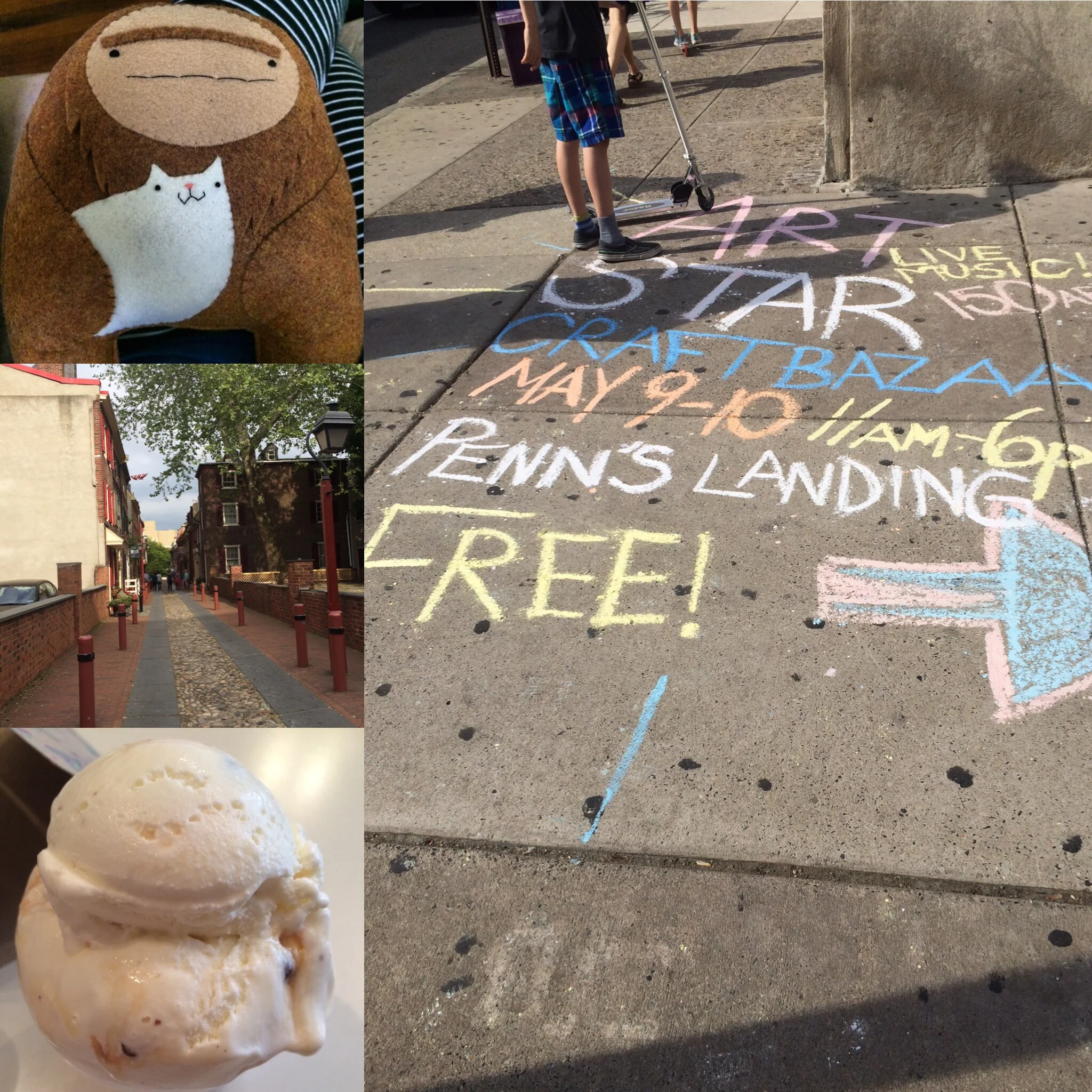 This Sasquatch + catloaf is now mine <3 / Chalk art directions / A (delish) Old City ice cream flavor named "The WHYY Experience" / Elfreth's Alley, the oldest continuously inhabited street in the US