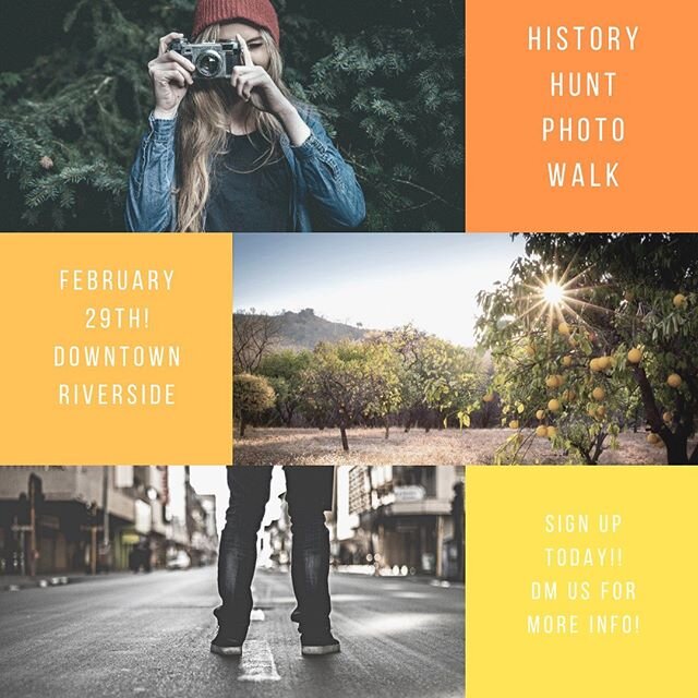We are so excited for our next event! Did you hear? We&rsquo;re doing a history hunt and photo walk in #downtownriverside! We&rsquo;re teaming up with @citruscityevents and she&rsquo;s planned some awesome surprises along our route! Sign up today, it