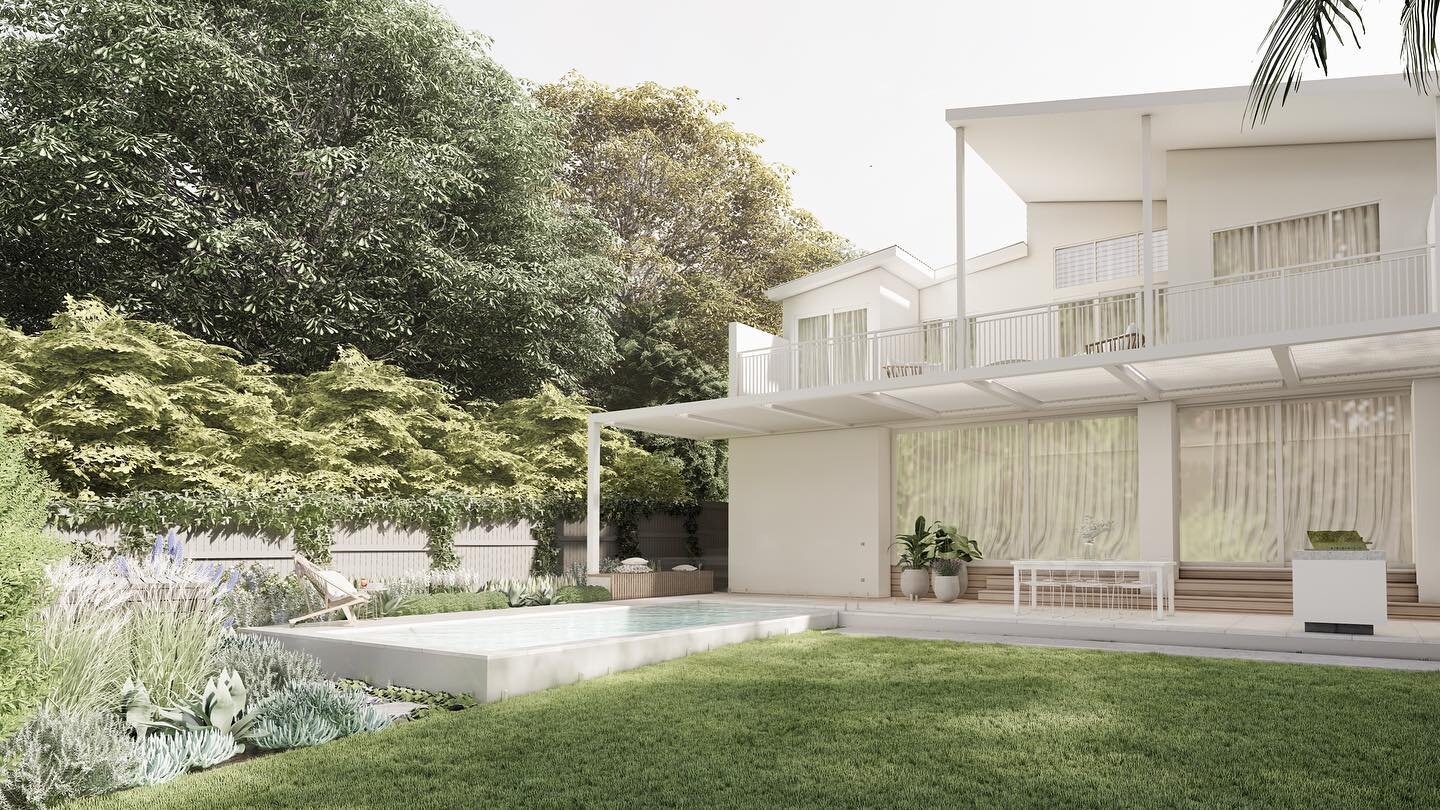 Designed  by @breanagraham_landscapes and Renders by @hanna_digital_design #pooldesign #backyarddesign #sydneypools #potsdesign #gardendesign #landscapedesign #poolbuilder #construction #backyard #furnituredesign #bbq #plantdesign #lush #sydneydesign