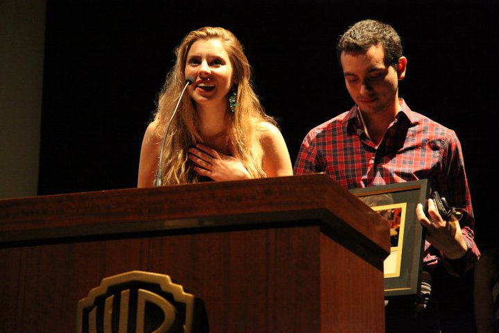 JUNE 2011. LOS ANGELES, CALIFORNIA. Warner Brother's Studios. Eliza and Carlos Valdivia accept the award for Best Actress (Sam Strelitz) and Best Drama for MY KETCHUP SMILES at AT&T's Campus Movie Festival. 