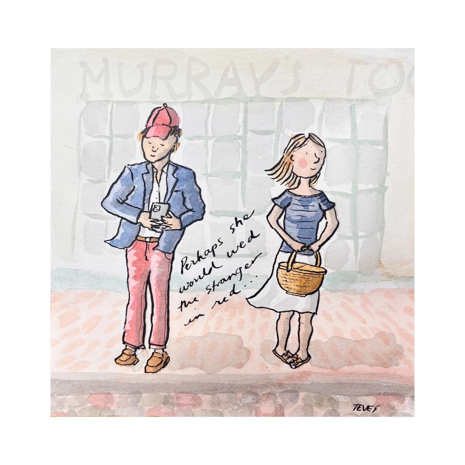"The Stranger In Red" - Nantucket Comic Painting