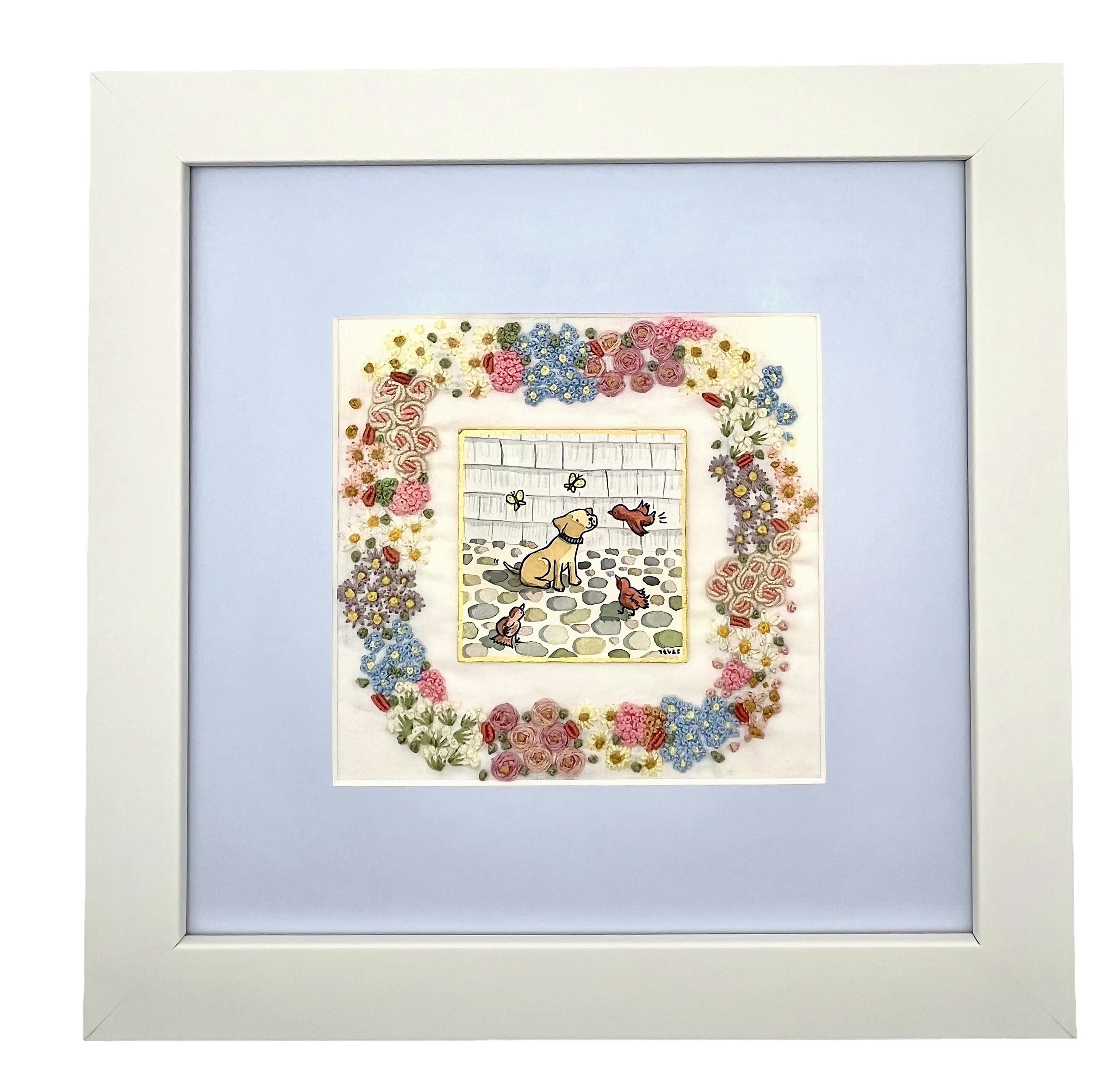 "Nantucket Morning" - Labrador Retriever & Cardinals with Embroidered Flowers