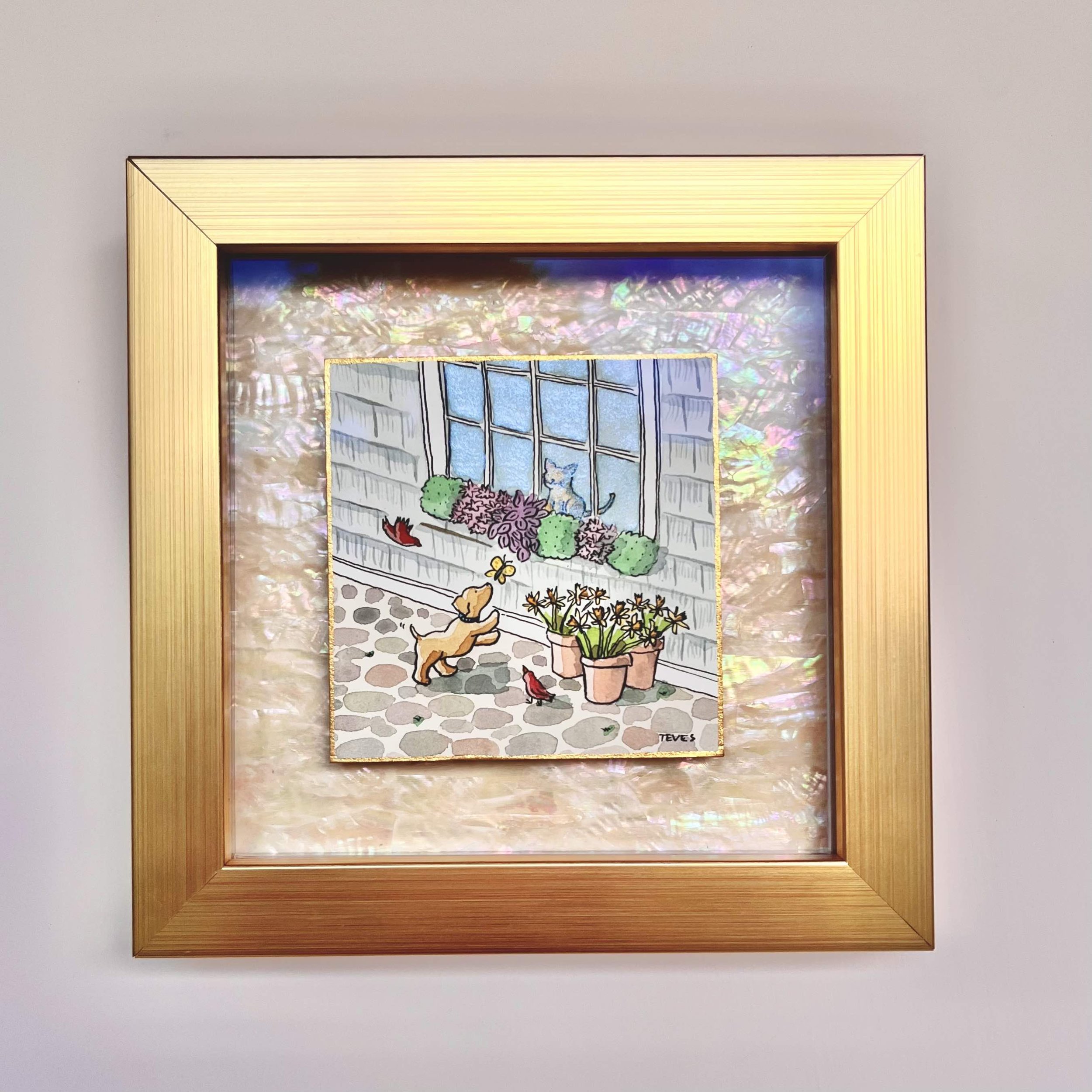 dog with butterfly on cobblestone street.jpeg