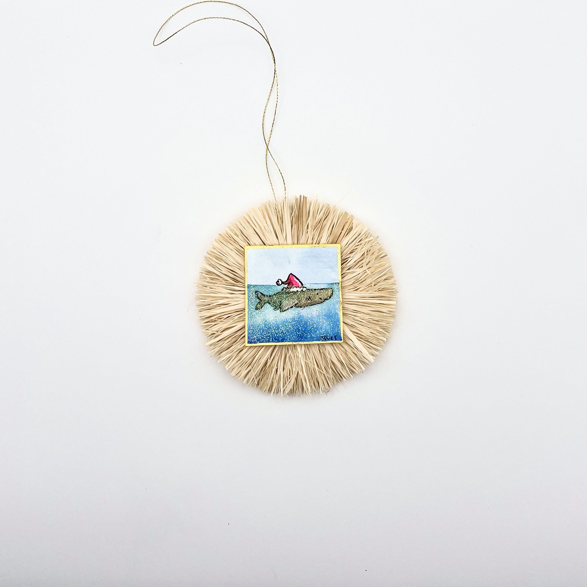 Small Palm Beach Raffia Ornament with Original Miniature Painting - "Shark"
