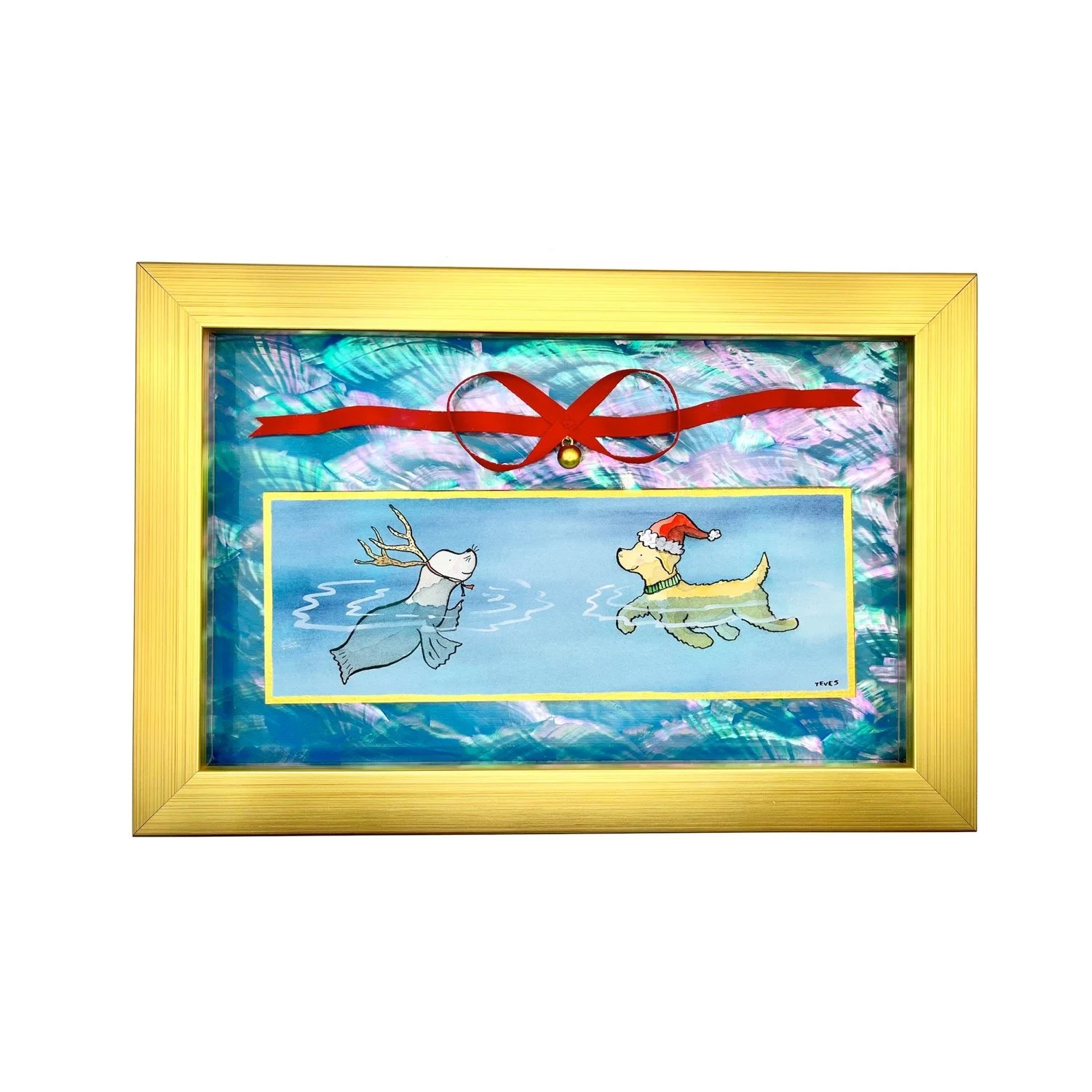 Christmas Golden Retriever and Seal - Framed Print with Mother of Pearl and Ribbon Accent