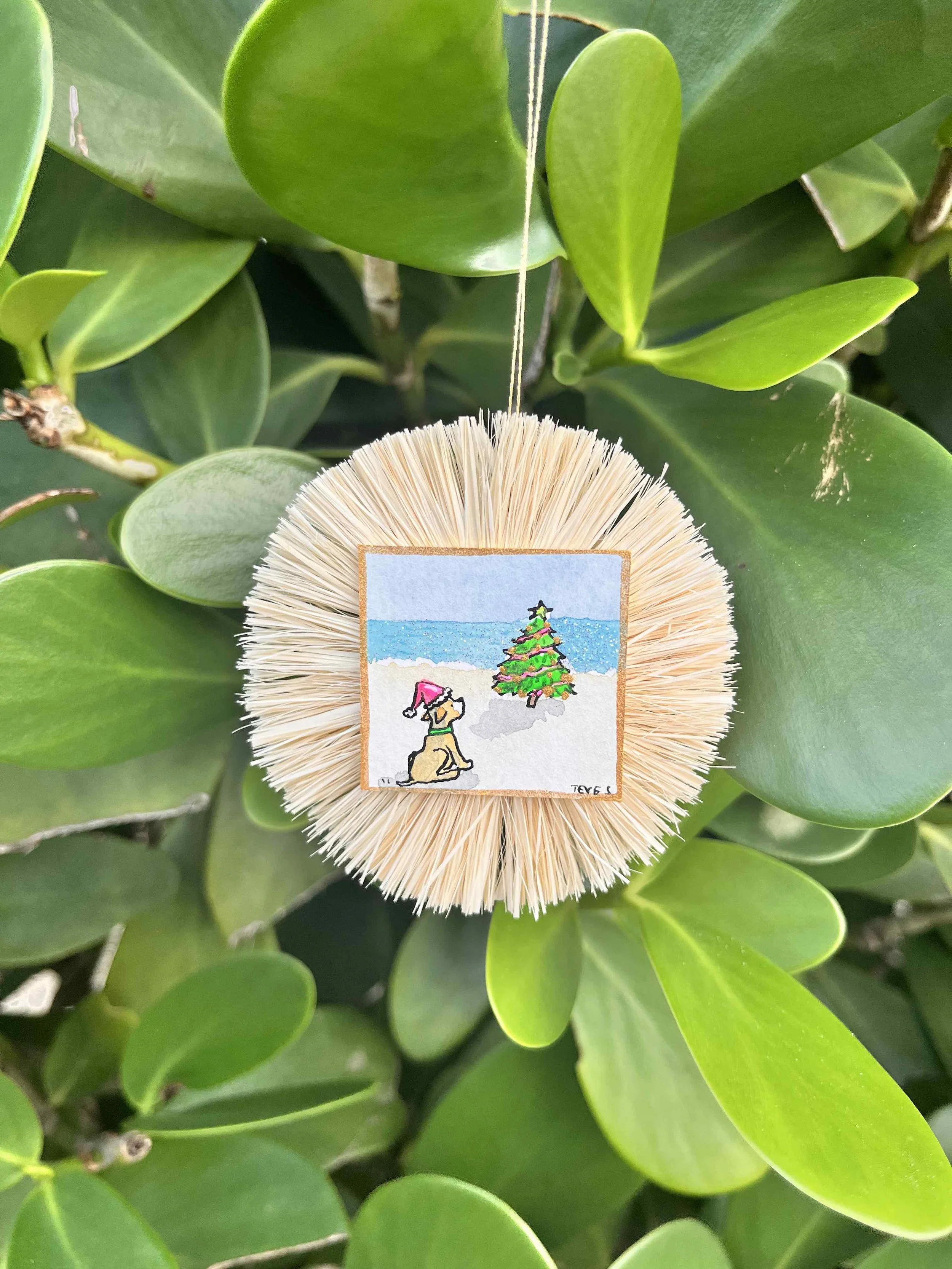 Small Palm Beach Raffia Ornament with Original Miniature Painting - "Dog with Tree"