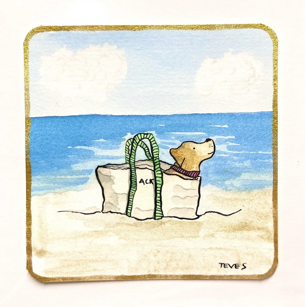 Pocket Painting: Golden Retriever with Beach Bag on Nantucket