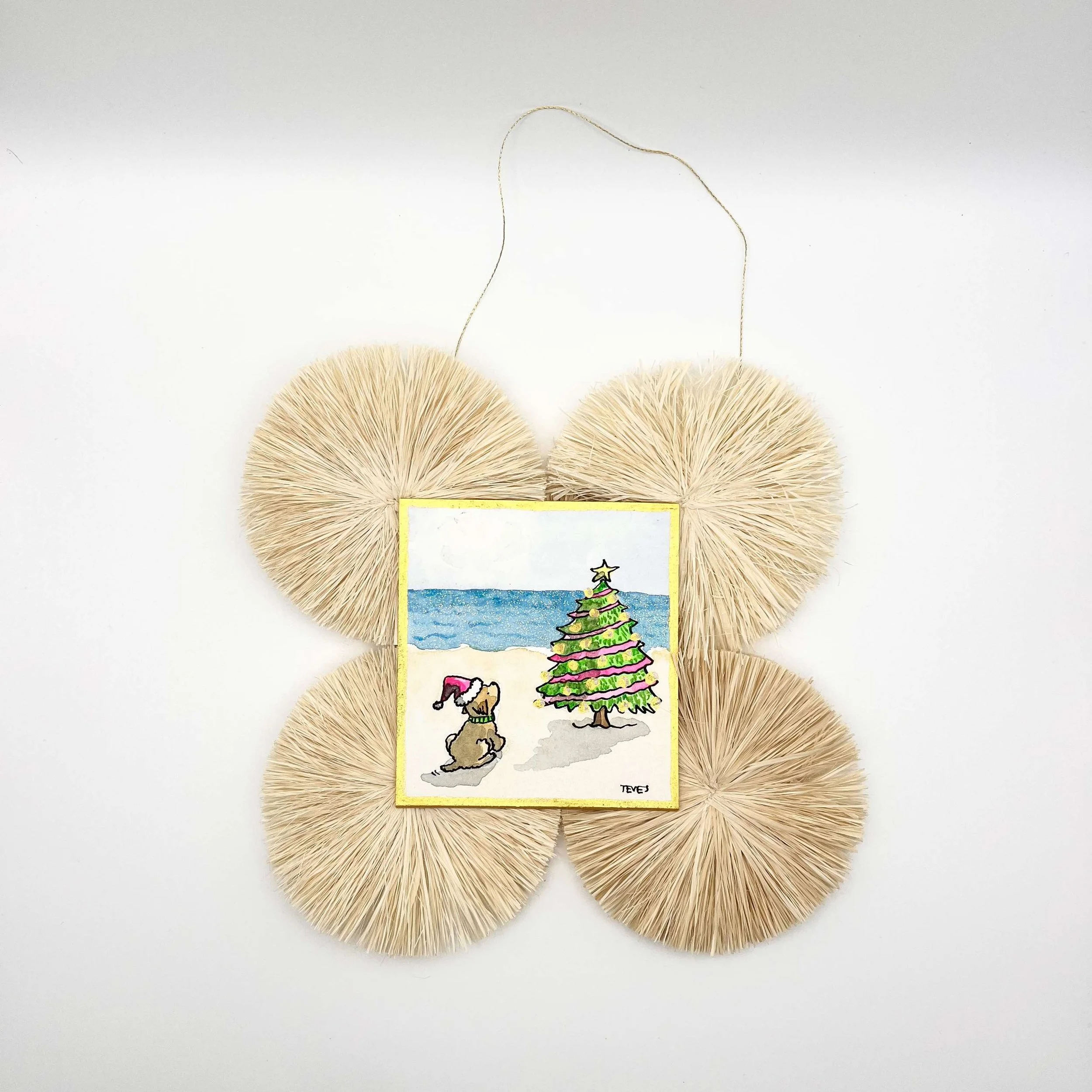 Large Palm Beach Raffia Ornament with Original Miniature Painting - "Dog with Christmas Tree"
