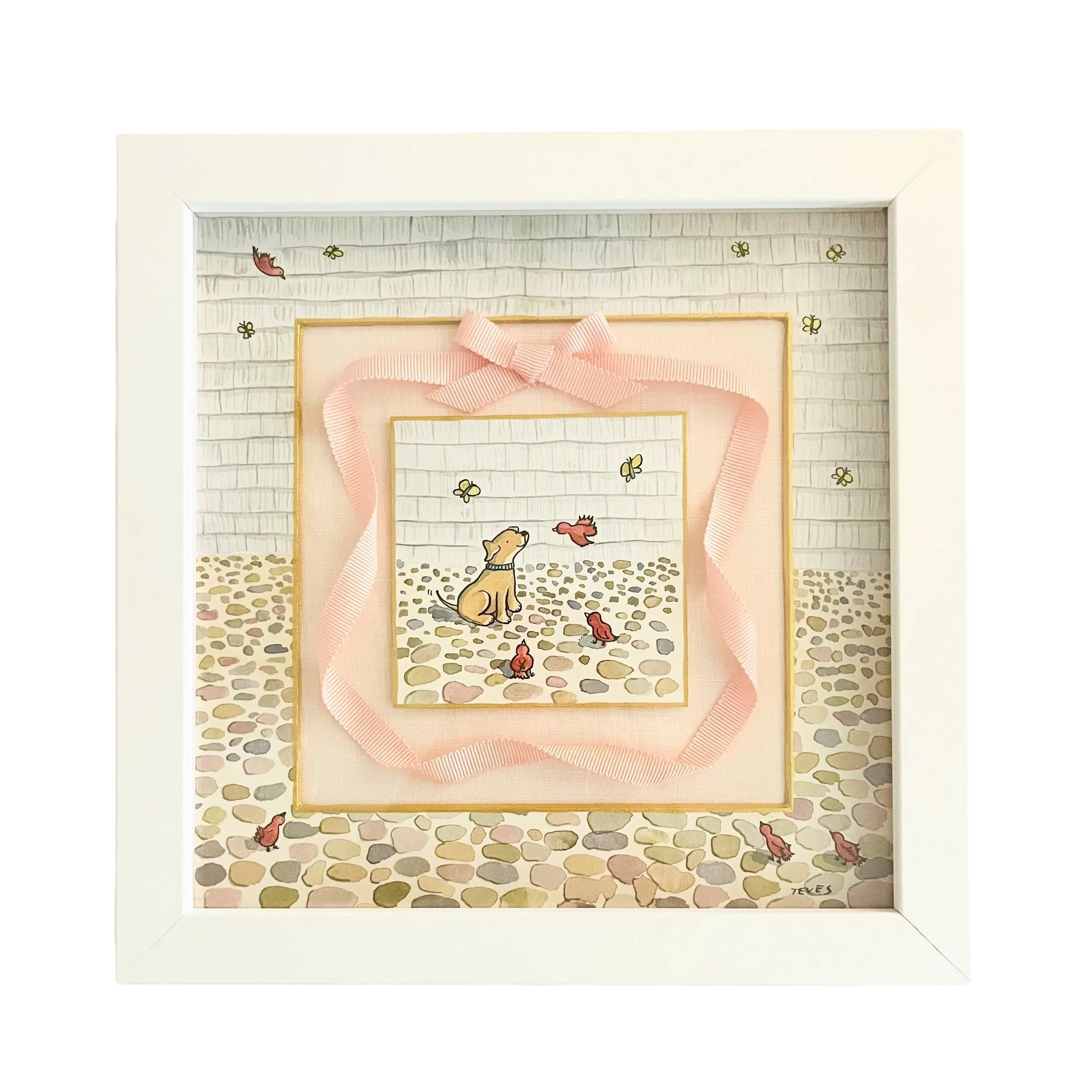 "Nantucket Morning" - Puppy and Birds on Main Street - Baby Shower Gift