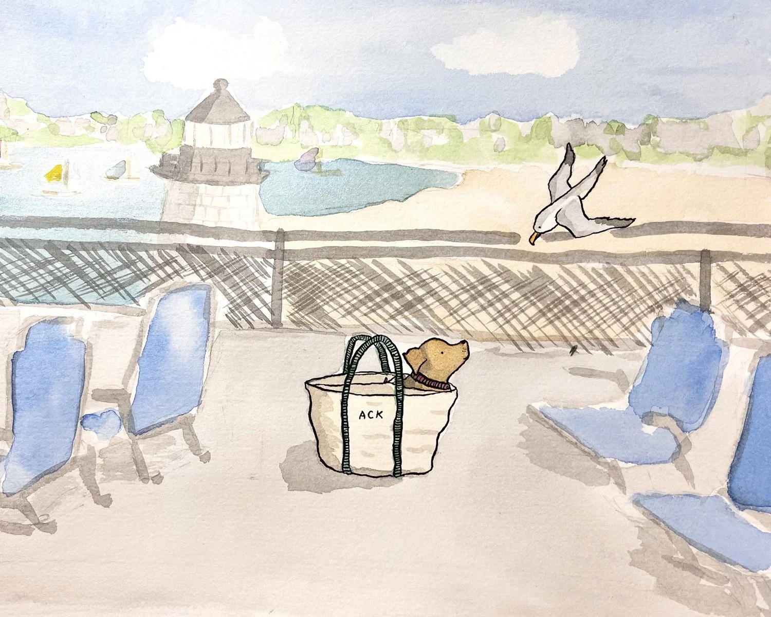 Boat 'n Tote: Dog and Seagull on the Nantucket Ferry *** Artist's Second