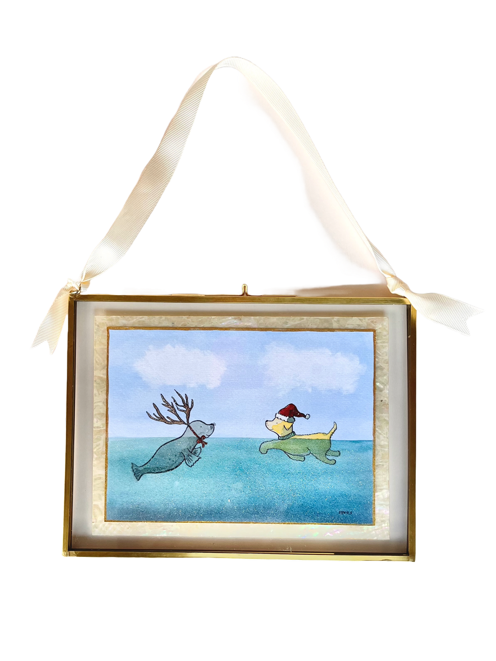 Christmas Friends - Hand Embellished Print of Swimming Dog and Seal