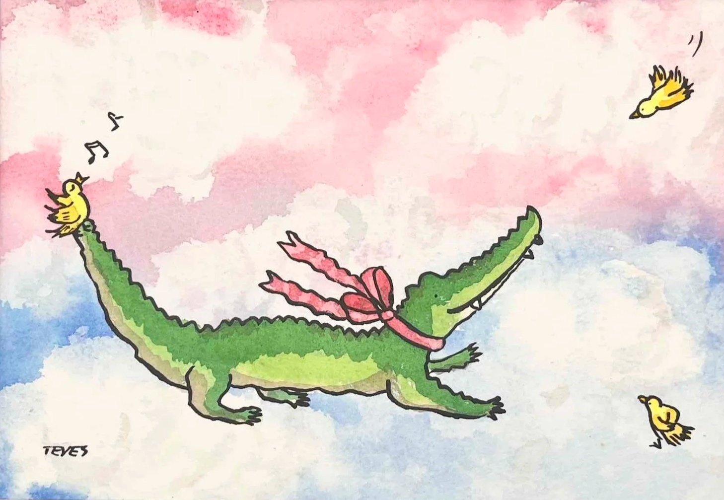 Pretties & Ditties - Alligator with Birds and Clouds - Original Artwork