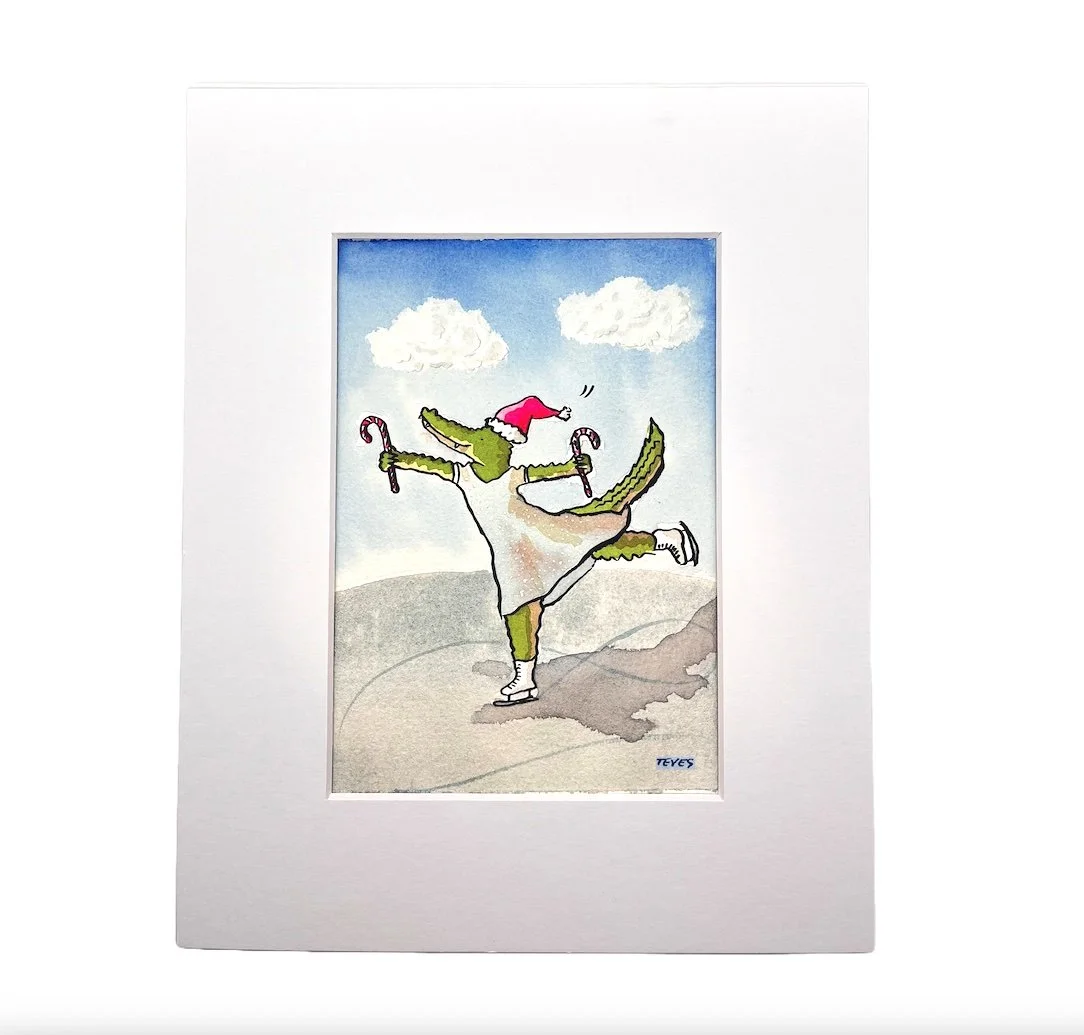"The Gator Was a Skater" - Alligator on Ice Skates - Original Christmas Painting