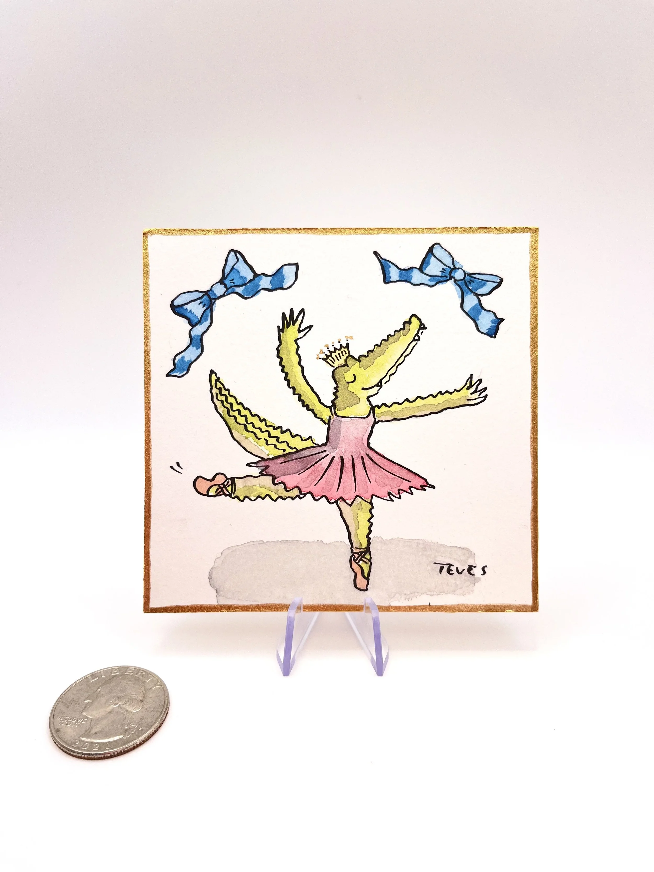 Ballerina Alligator Mini Watercolor with Gold Border