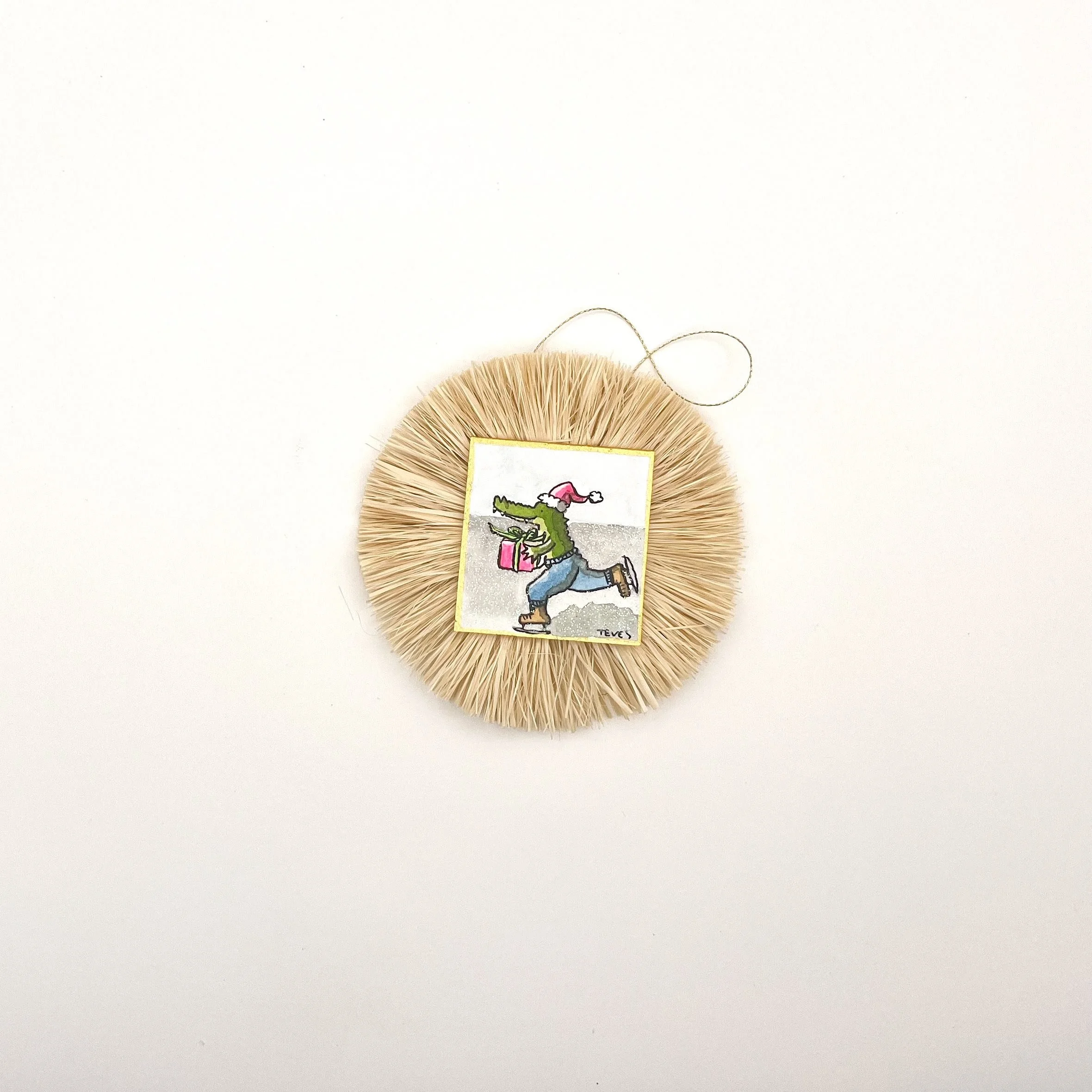 Small Palm Beach Raffia Ornament with Original Miniature Painting - "Skating Alligator"