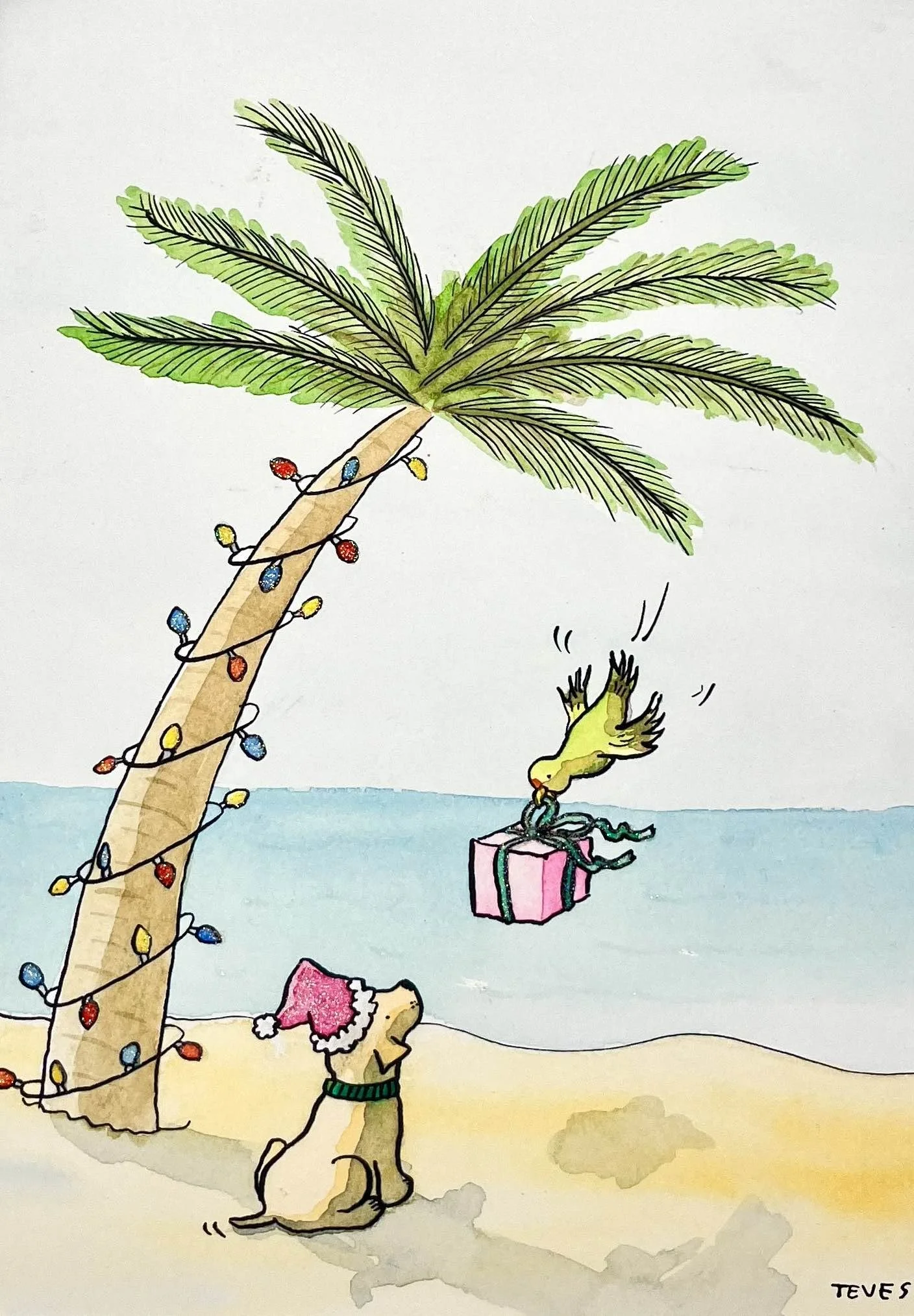 Dog and Parrot Neon Christmas - Florida Holiday Print