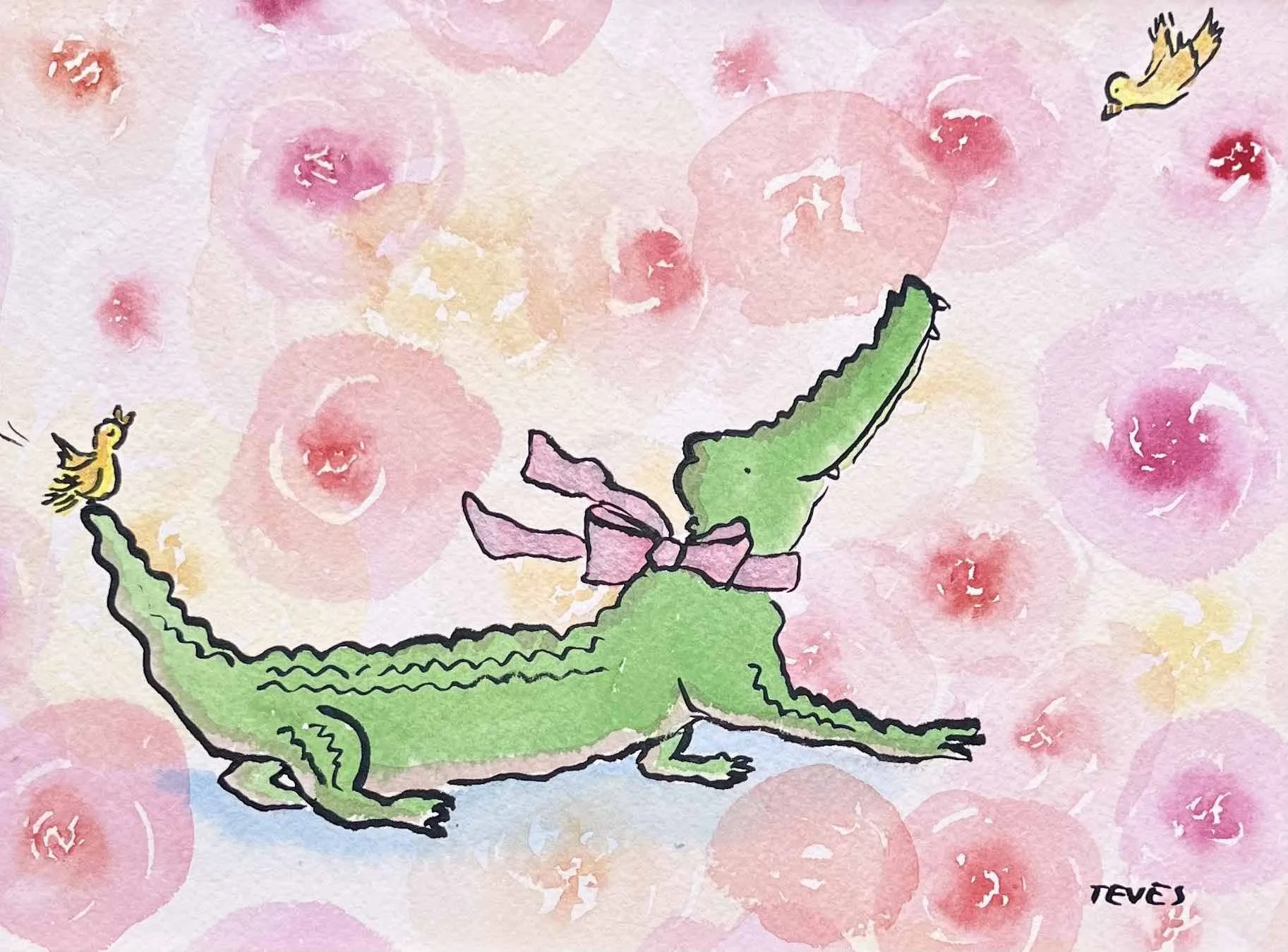"Let's Frolic and Fritter" - Alligator and Birds with Roses - Original Artwork