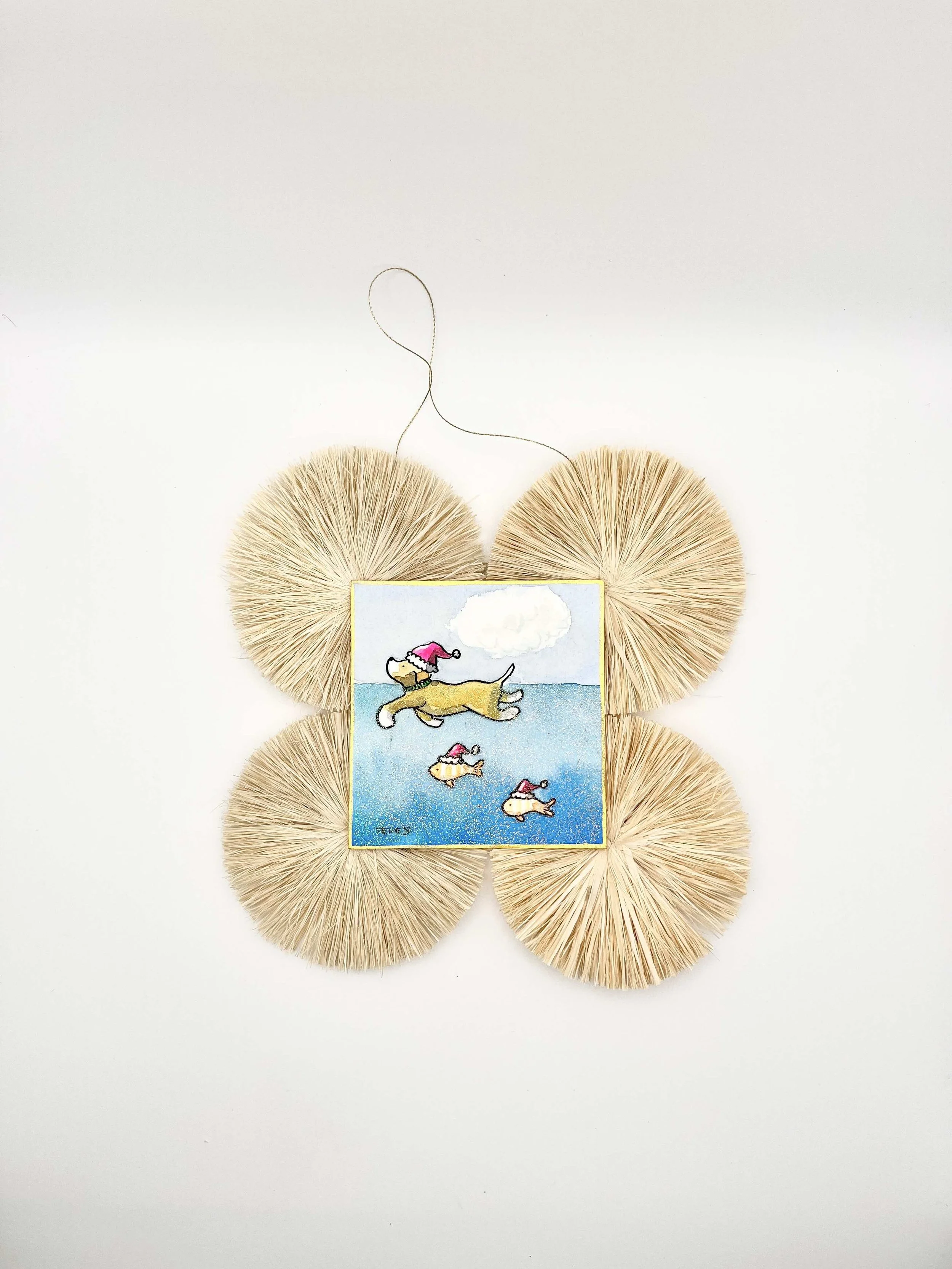 Large Palm Beach Raffia Ornament with Original Miniature Painting - "Dog With Tropical Fish"