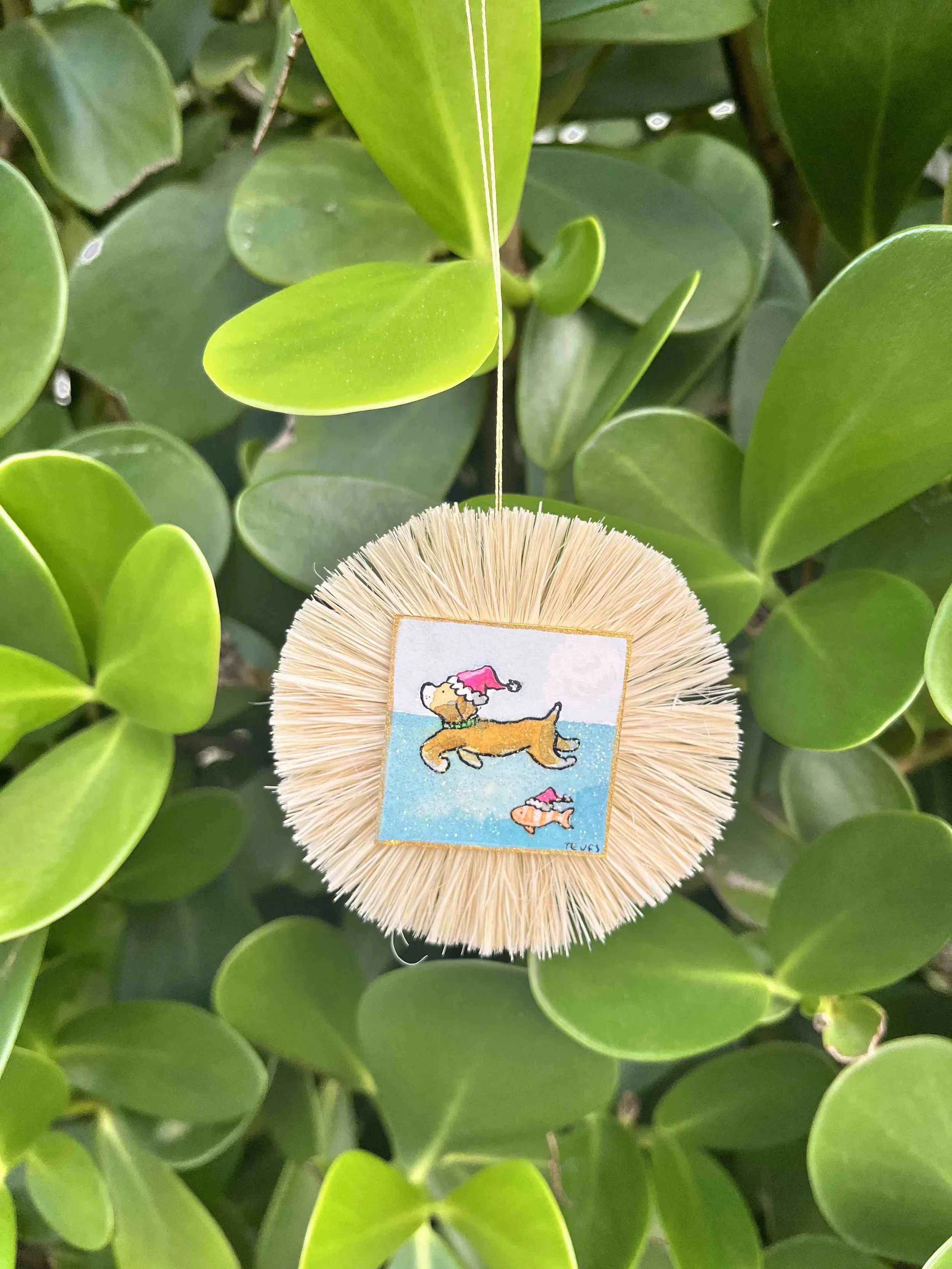 Small Palm Beach Raffia Ornament with Original Miniature Painting - "Dog with Fish"