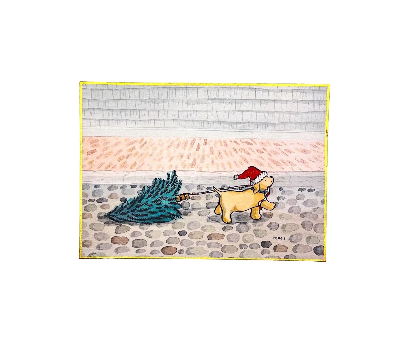 Nantucket Stroll Painting: Yellow Dog Christmas - Hard Mounted Print