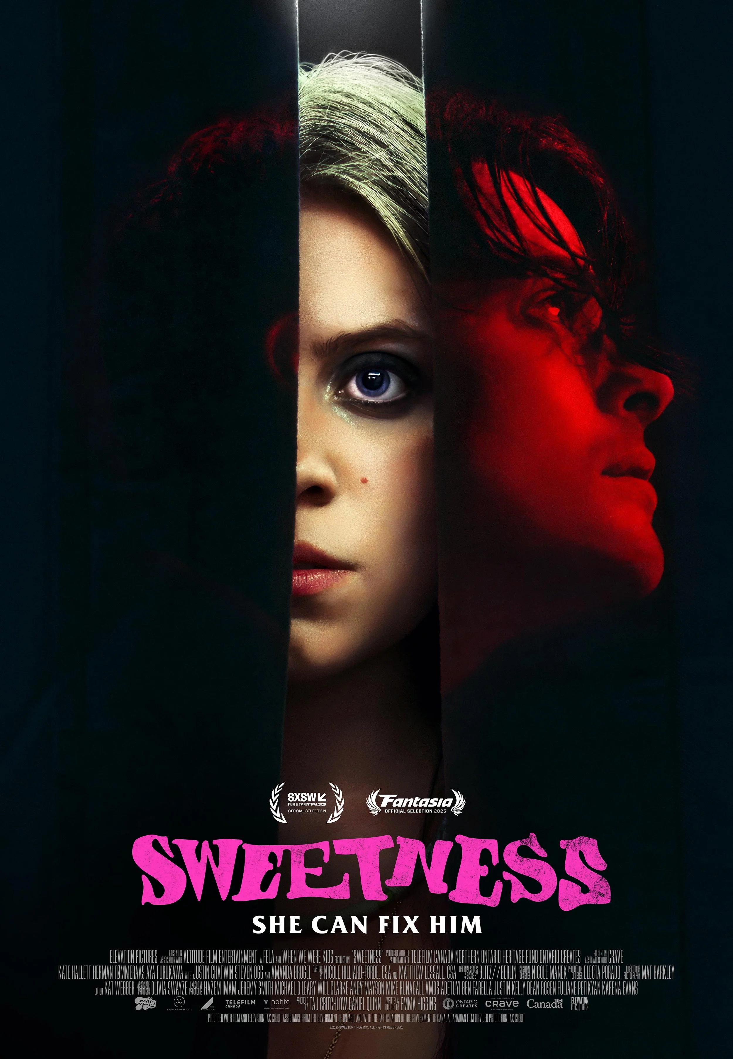 A movie poster for 'Sweetness' featuring a split image of a woman's face and a man's face, with the tagline 'She can fix him' and various film festival logos at the bottom including SWSW and Fantasia. It is a horror thriller directed by a woman.
